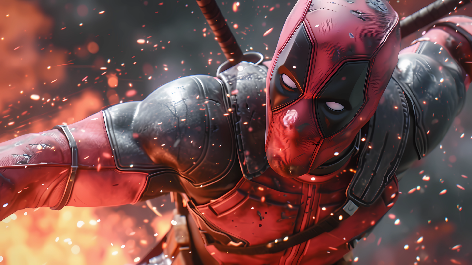 HD Deadpool fan art wallpaper featuring the superhero in action with dynamic sparks and explosion background.