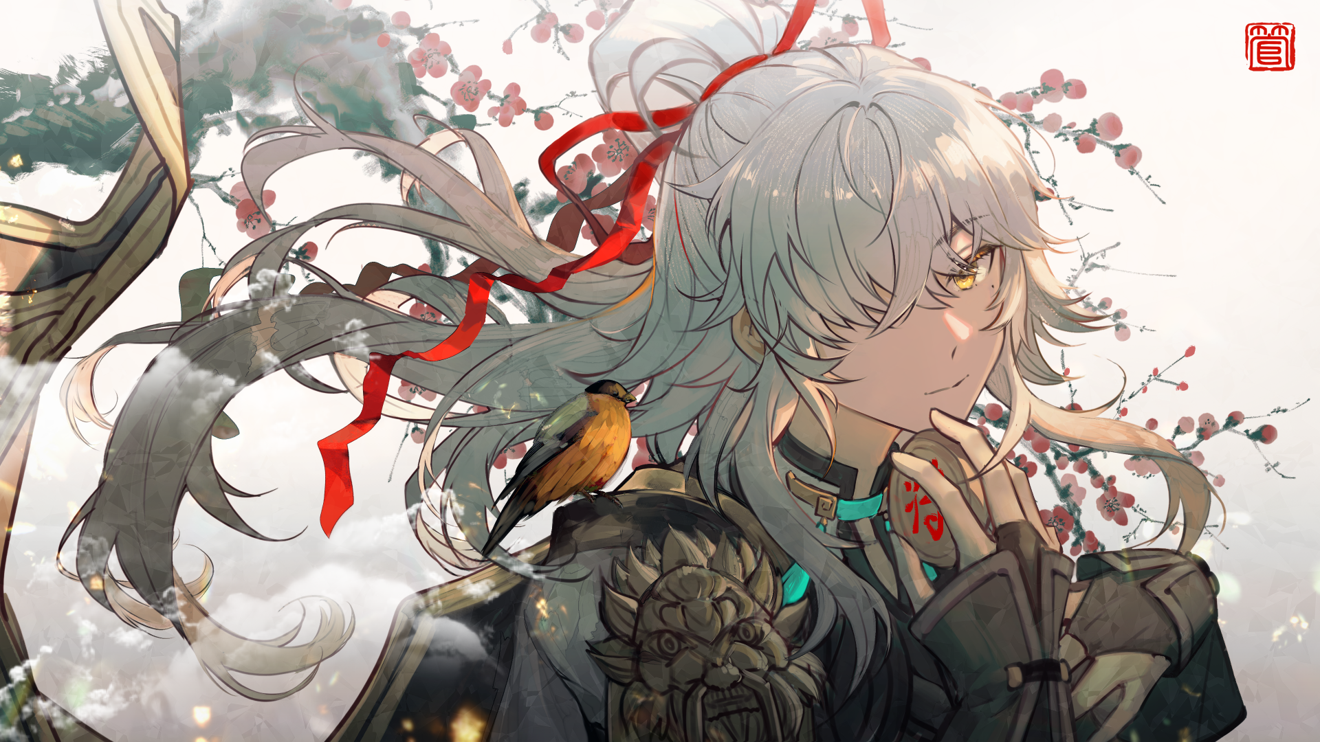 4K Ultra HD desktop wallpaper of Jing Yuan from Honkai: Star Rail, featuring detailed character art with flowing hair, red ribbons, and a bird perched on his shoulder.