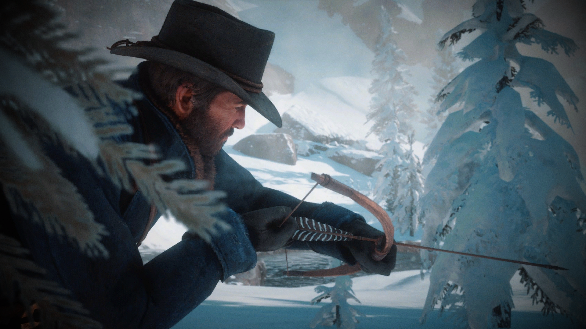 HD PC desktop wallpaper featuring Arthur Morgan from Red Dead Redemption 2 aiming a bow in a snowy forest setting.