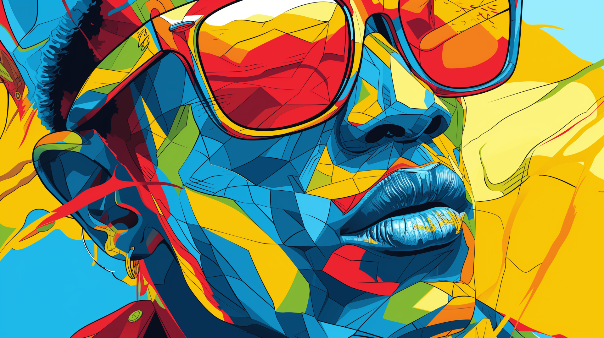 Stylish and colorful HD wallpaper of a cool preppy man wearing sunglasses with a geometric design.