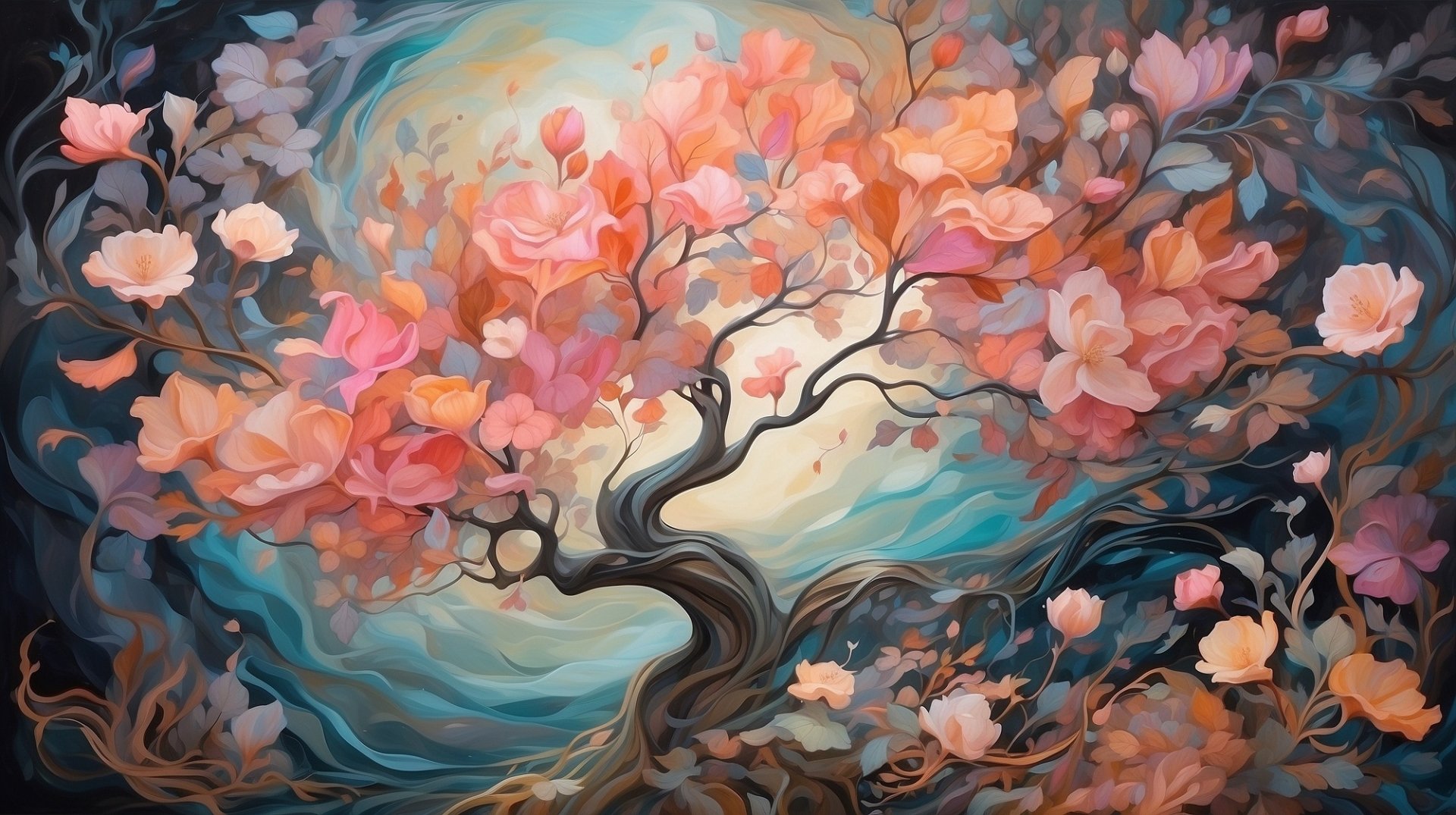 HD PC desktop wallpaper: stylized flowering tree with a twisted trunk amid a swirling pastel sky, pink and peach blossoms — plant, nature background.