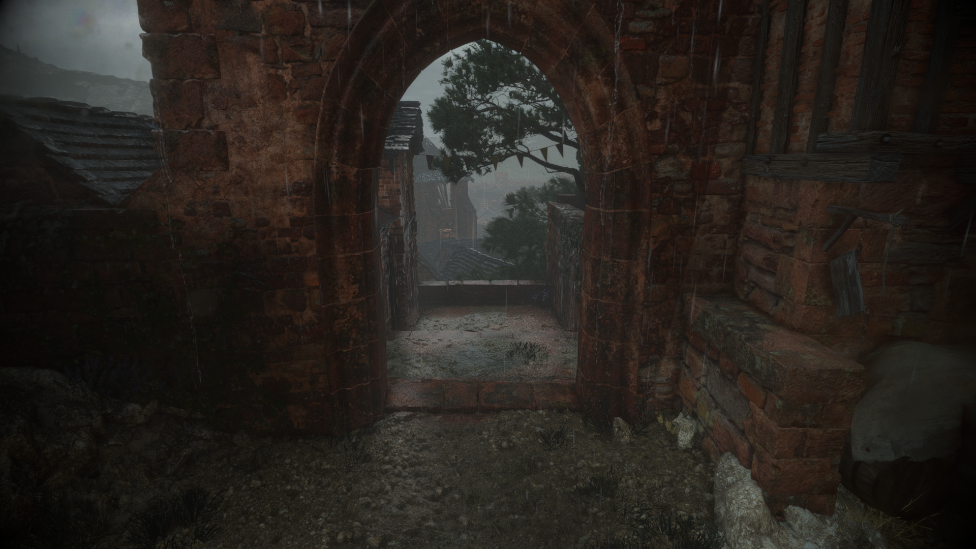 4K Ultra HD scenery from A Plague Tale: Requiem on PlayStation 5, featuring a dimly lit, weathered stone archway opening to a misty, overcast outdoor environment.