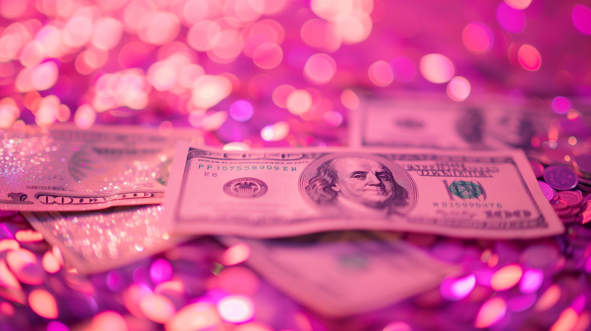 Alt Text: HD wallpaper of U.S dollar bills illuminated by pink lights creating a unique pink money theme for desktop backgrounds.