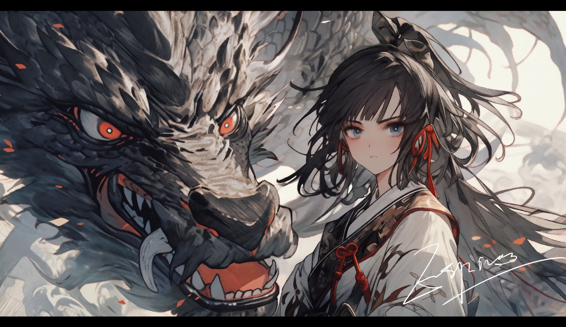 A striking 4K Ultra HD anime wallpaper featuring an Asian anime girl with flowing black hair standing beside a fierce dragon in a fantasy setting.