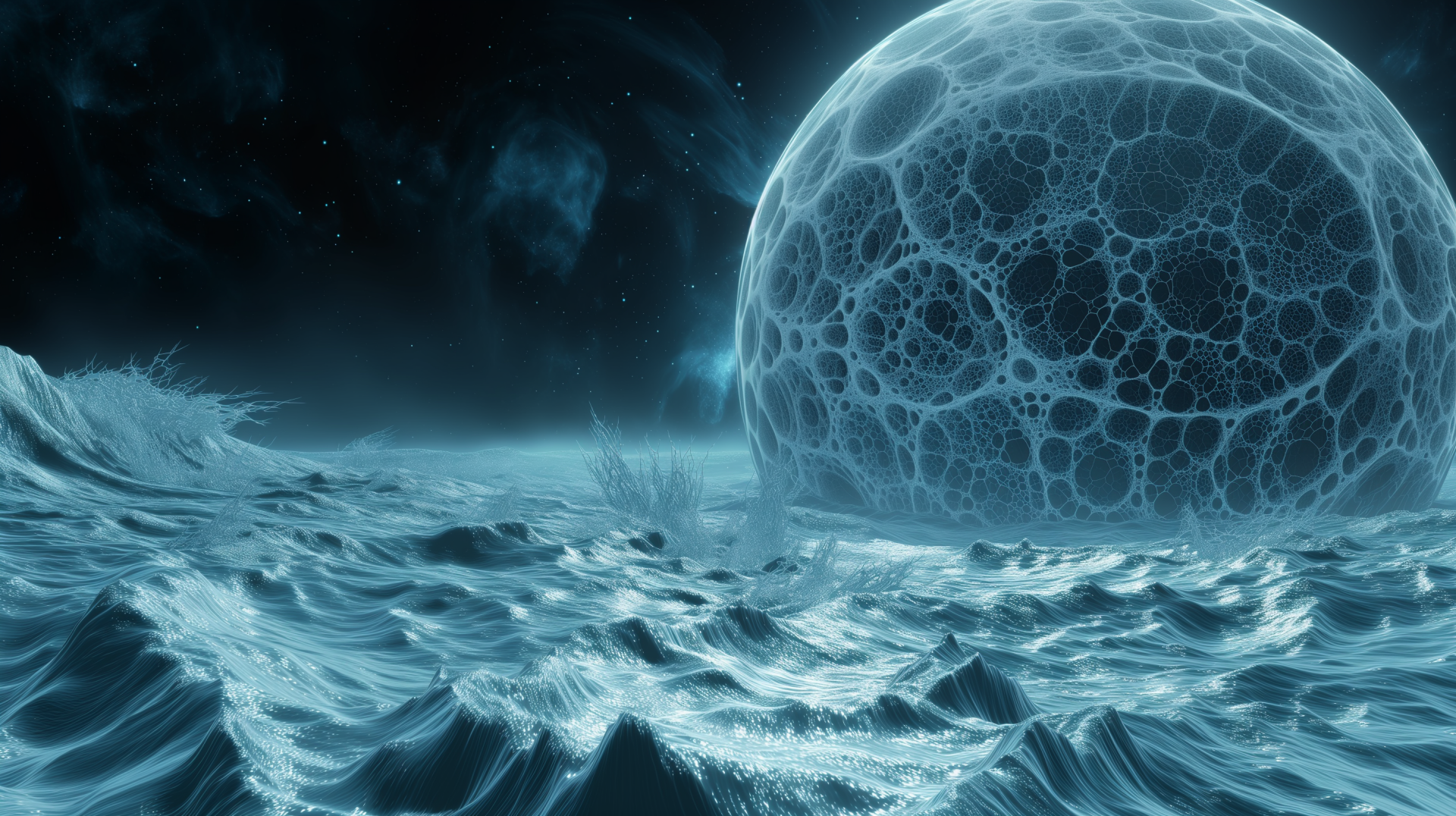 HD desktop wallpaper featuring a sci-fi landscape with a textured moon, ocean waves, and a starry sky.