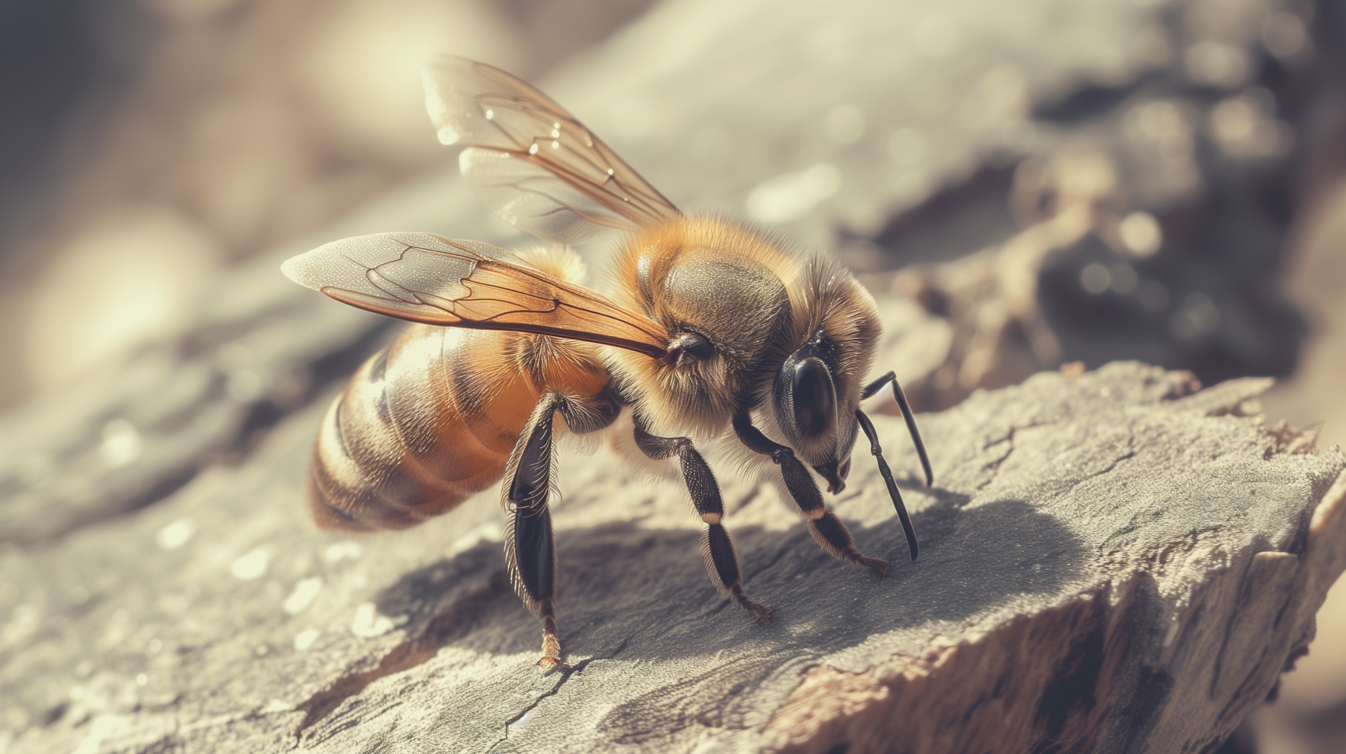 HD wallpaper of a detailed bee on a rock surface, suitable as a desktop background.