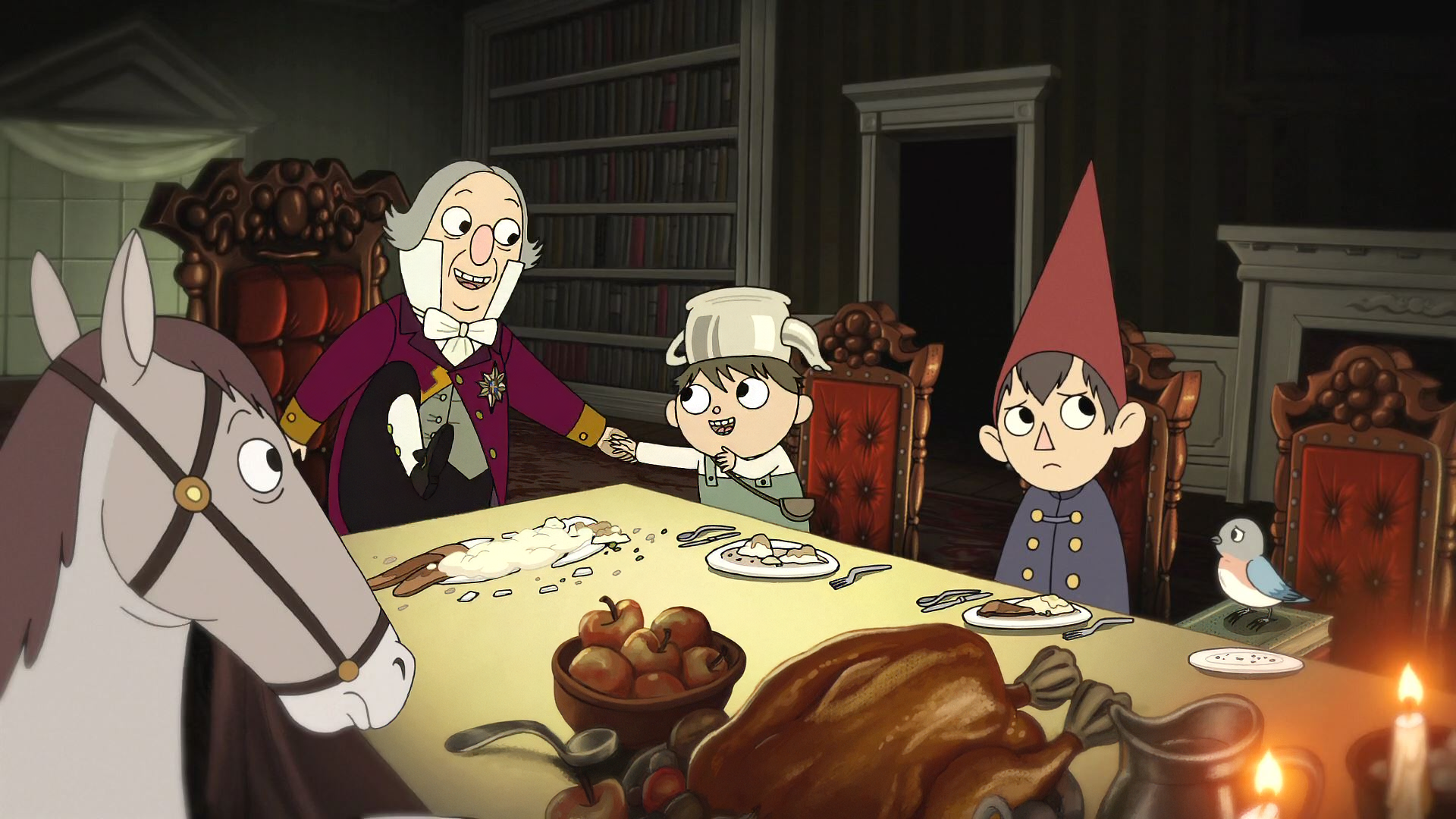 Over the Garden Wall characters at a dinner scene for HD desktop wallpaper and background.