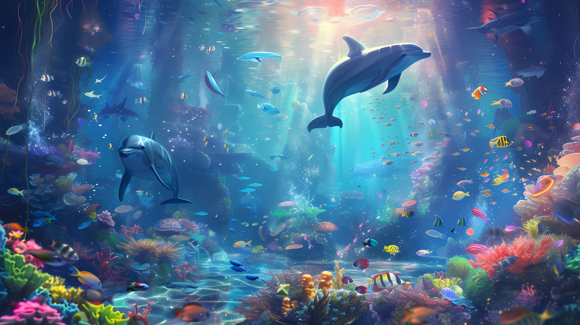 HD wallpaper of dolphins swimming in a vibrant digital aquarium background with colorful coral reefs and marine life.