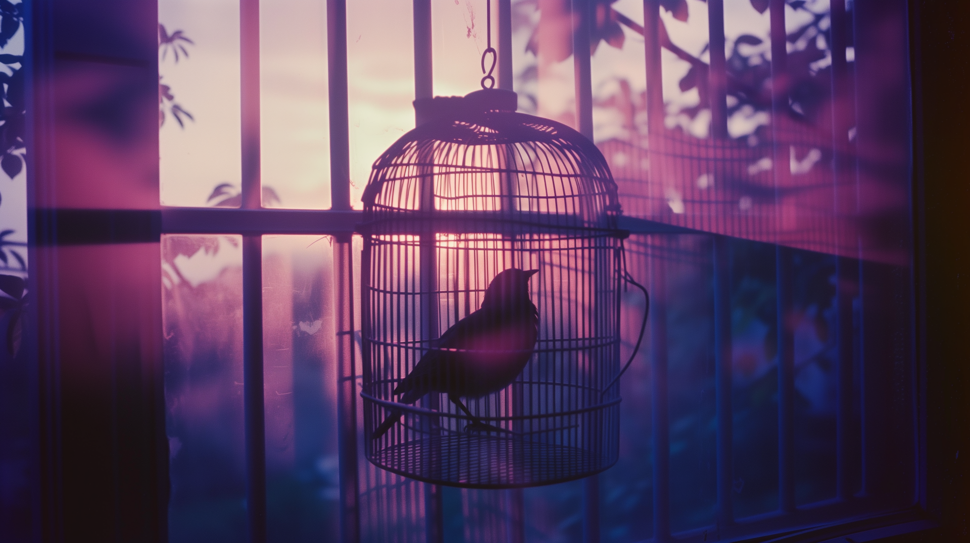 Silhouette of a bird in a cage against a sunrise or sunset background, with a purple hue for an HD desktop wallpaper and background.