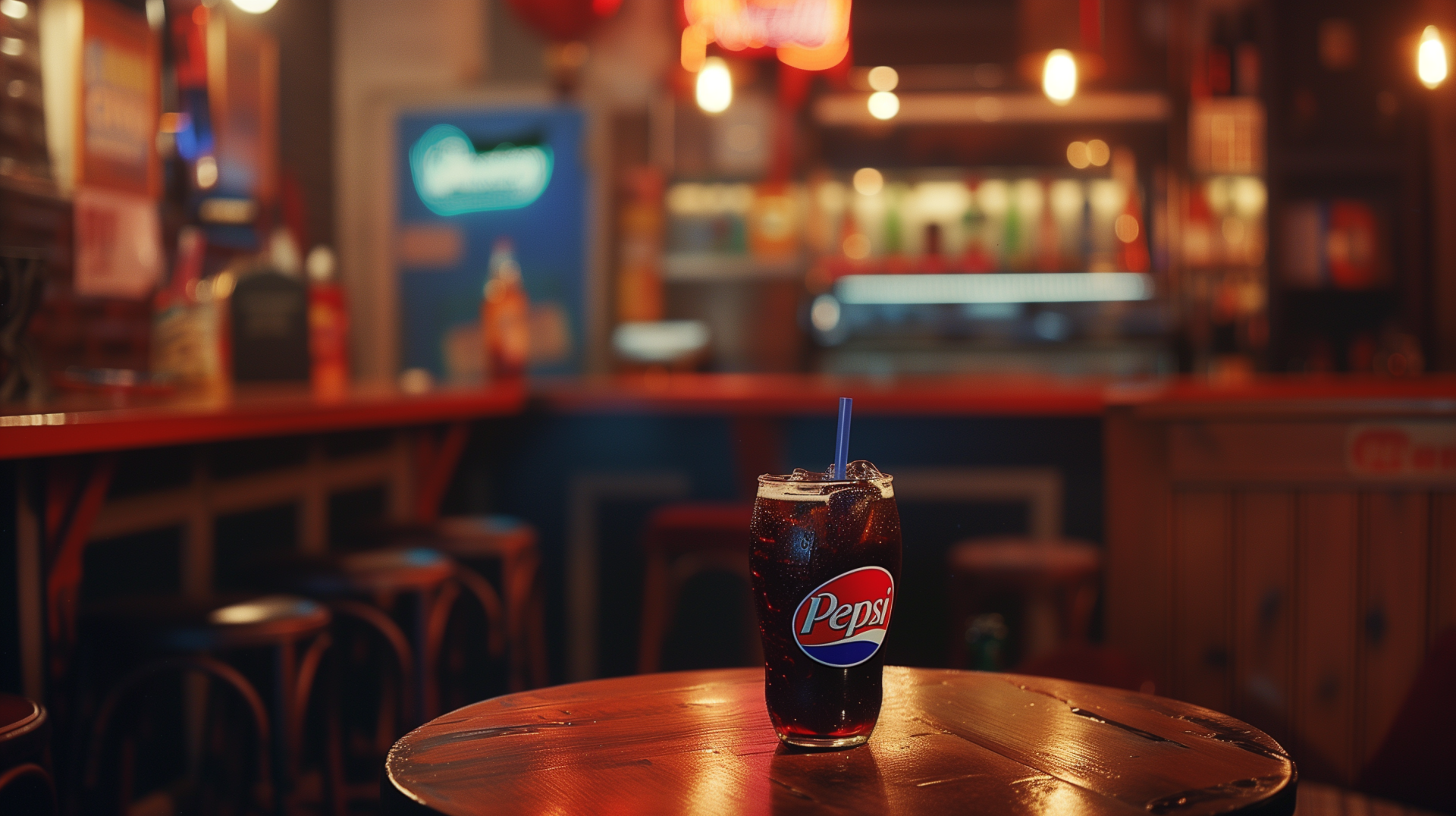 HD desktop wallpaper of a Pepsi glass on a table in a warmly lit vintage-style bar.