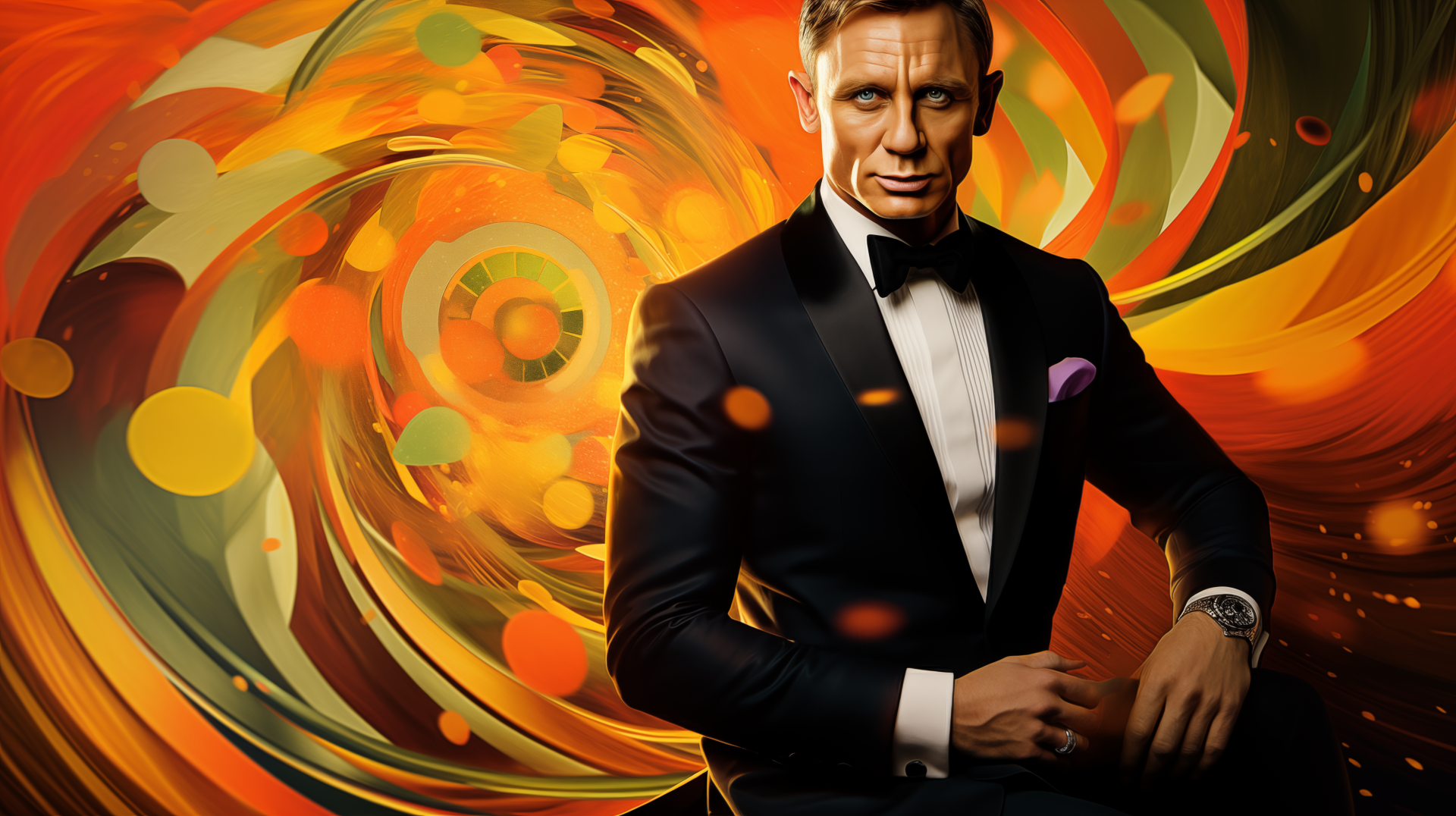 James Bond themed HD desktop wallpaper with a stylized character in a tuxedo set against a vibrant, swirling abstract background.