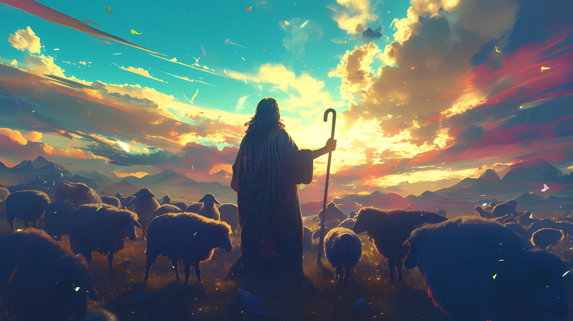 HD desktop wallpaper featuring a shepherd with sheep during a vibrant sunset, evoking a peaceful, biblical scene.