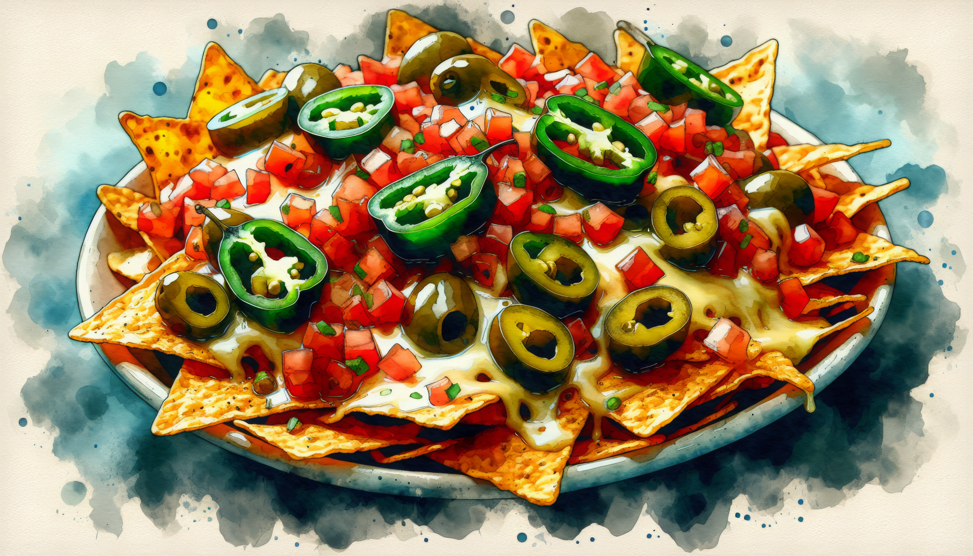 A vibrant HD wallpaper featuring a delicious platter of nachos topped with jalapeños, olives, and fresh tomatoes, showcasing a mouthwatering array of colors and textures.
