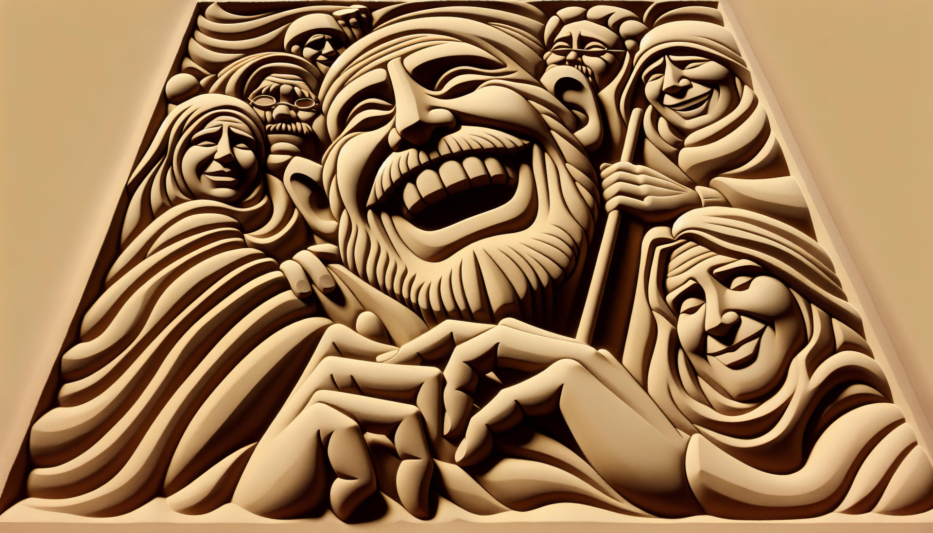 Humorous and joyful 3D artwork of multiple laughing faces for HD desktop wallpaper and background.