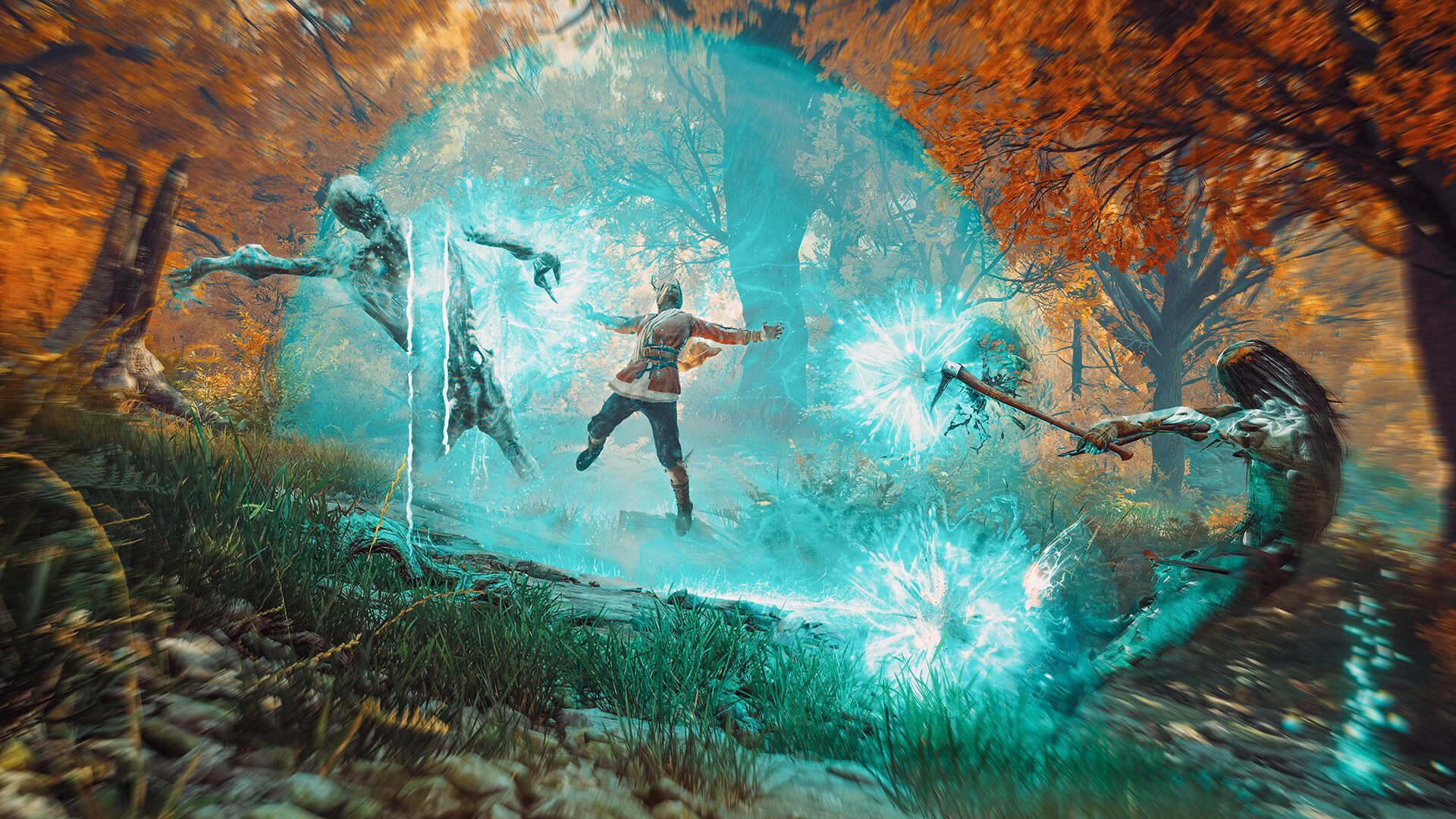 HD wallpaper from the video game Banishers: Ghosts of New Eden featuring a character fighting spectral enemies with a magical shield in an autumnal forest setting.