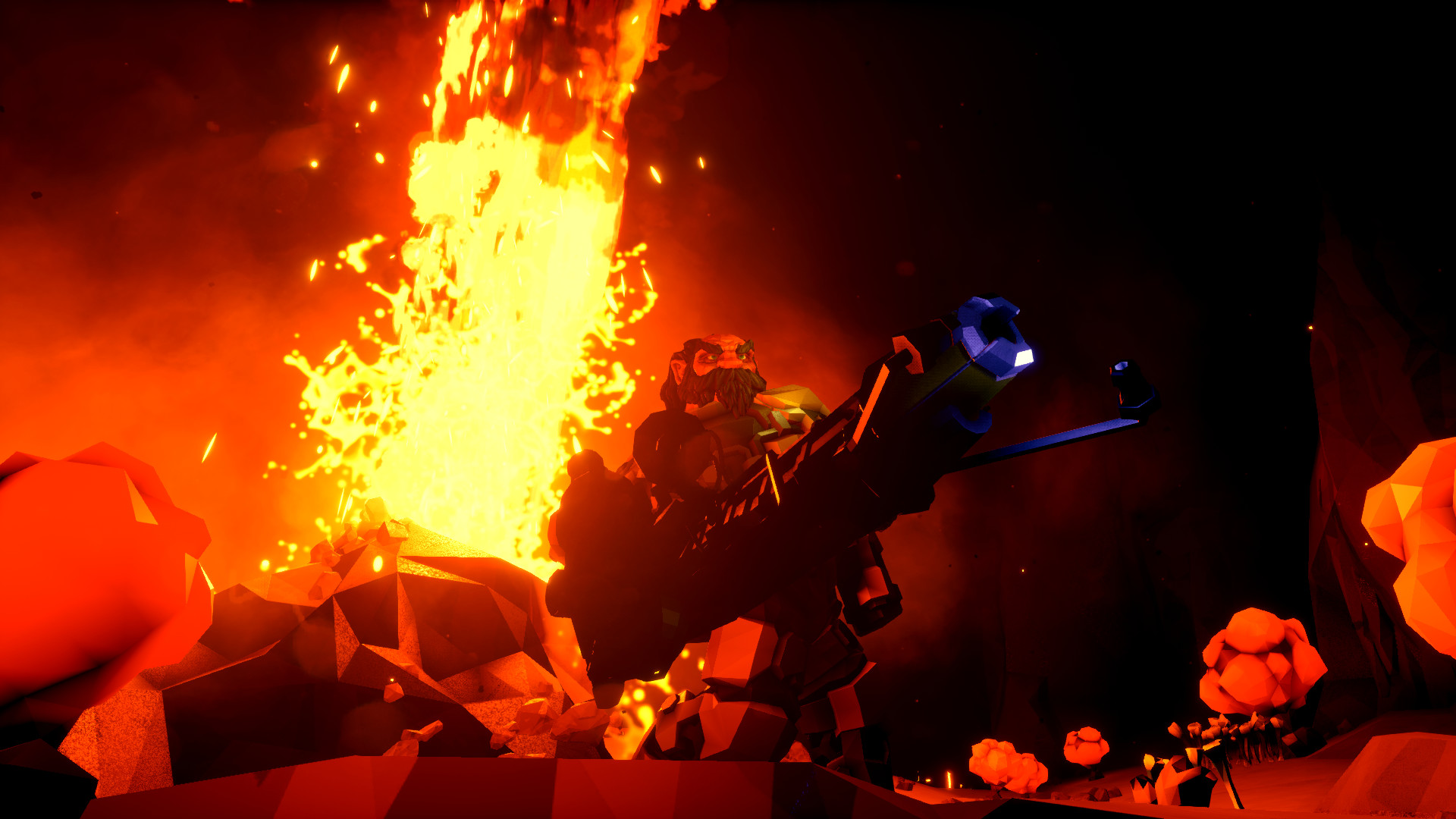 HD wallpaper featuring an intense scene from the video game Deep Rock Galactic: Survivor, displaying a character in battle with a fiery explosion in the background.