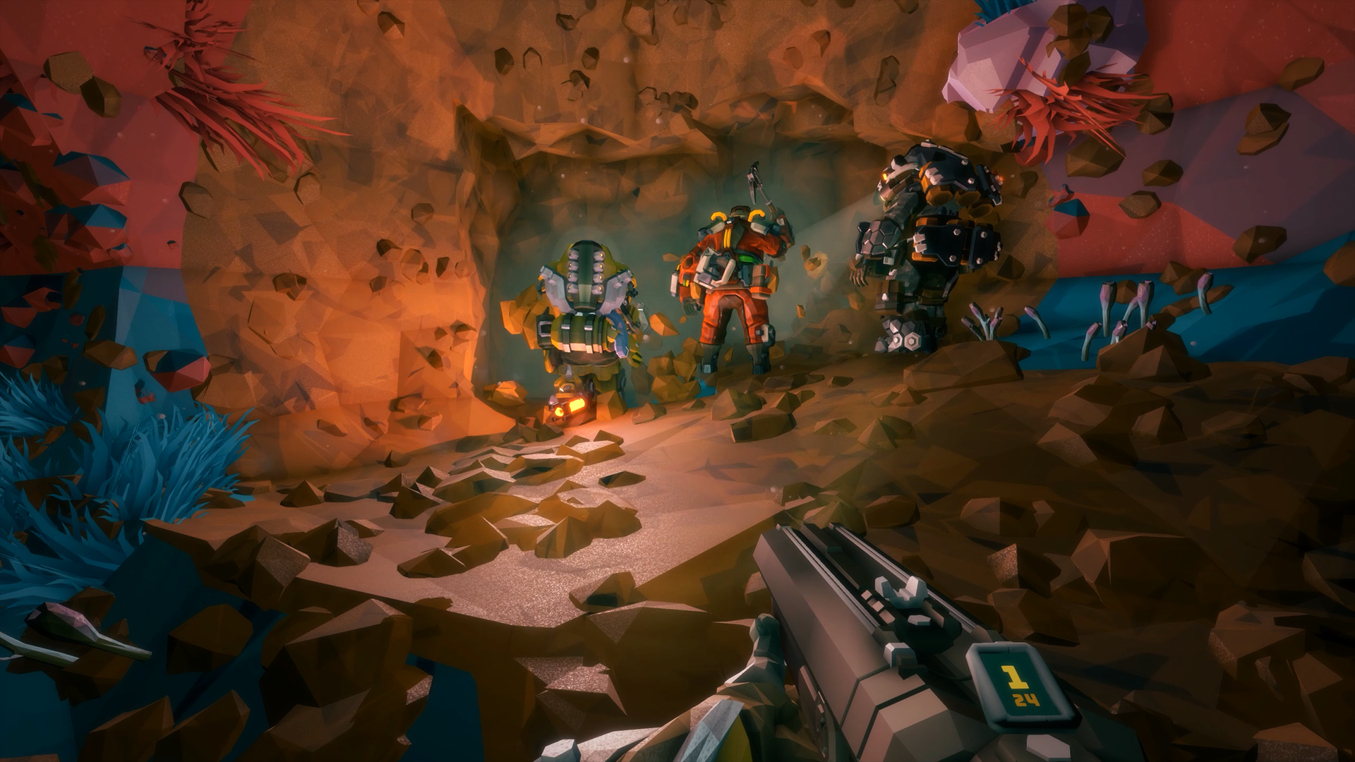 HD desktop wallpaper featuring characters from the video game Deep Rock Galactic: Survivor exploring a vibrant alien cave.