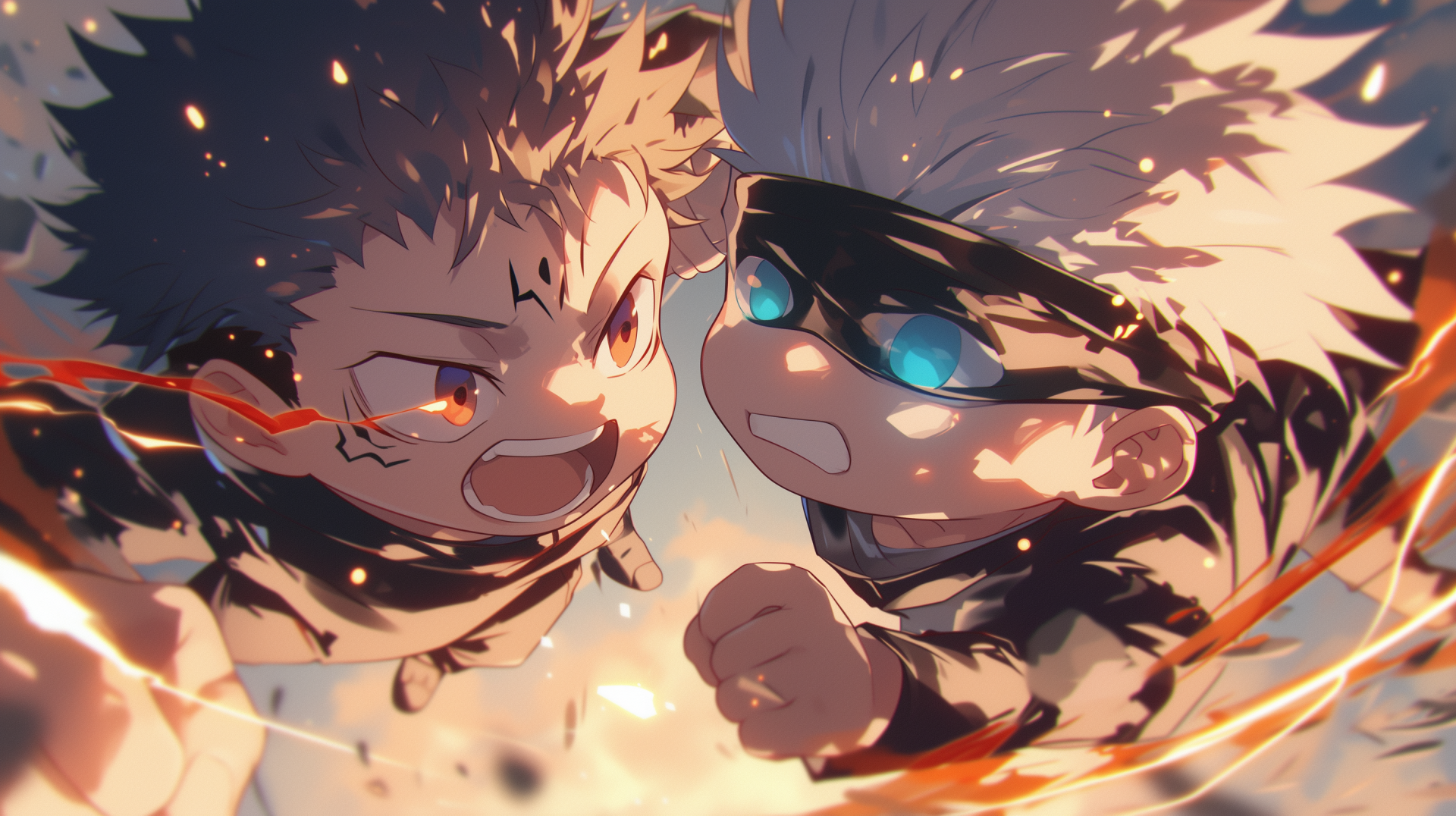 Chibi Satoru Gojo and Sukuna from Jujutsu Kaisen face off in a dynamic battle scene, showcasing their intense rivalry in this vibrant HD desktop wallpaper.