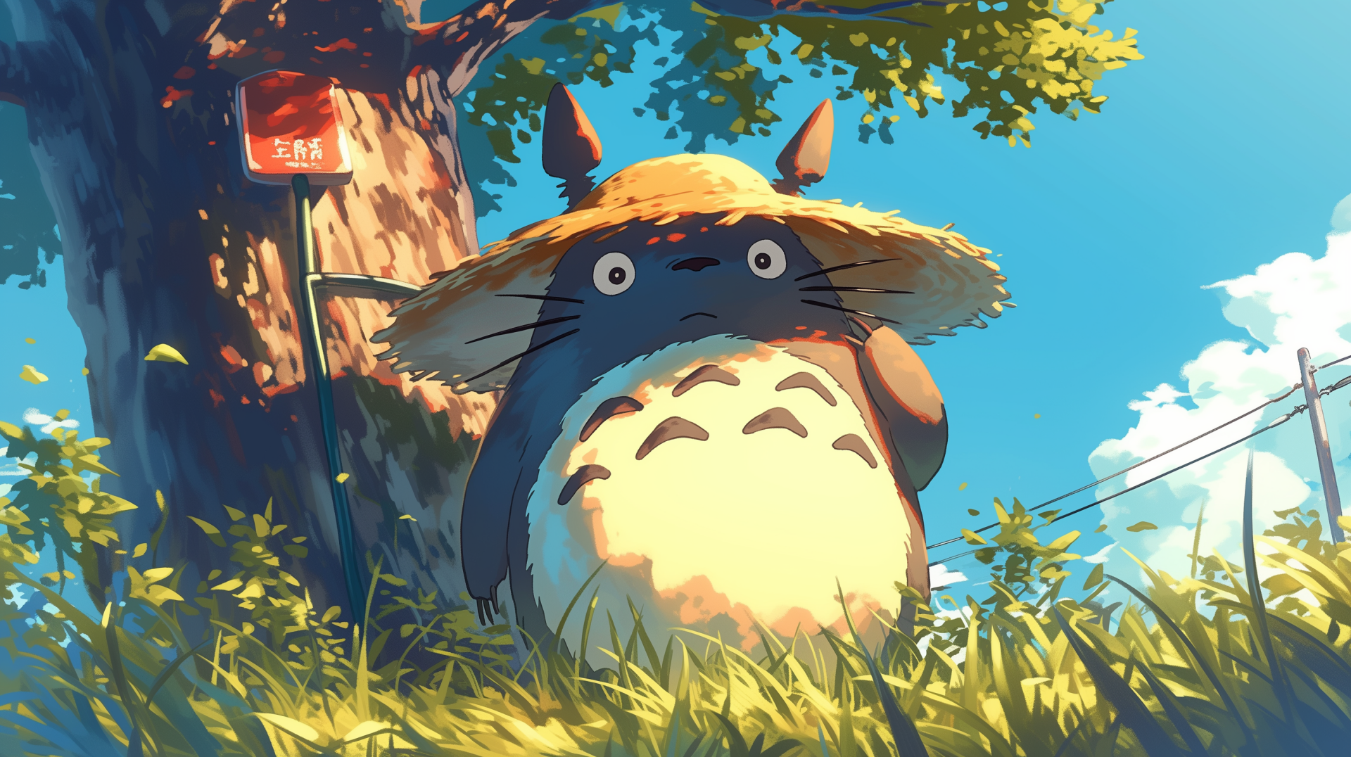 HD wallpaper of Totoro standing by a tree, from the anime My Neighbor Totoro, with lush green foliage under a bright blue sky.
