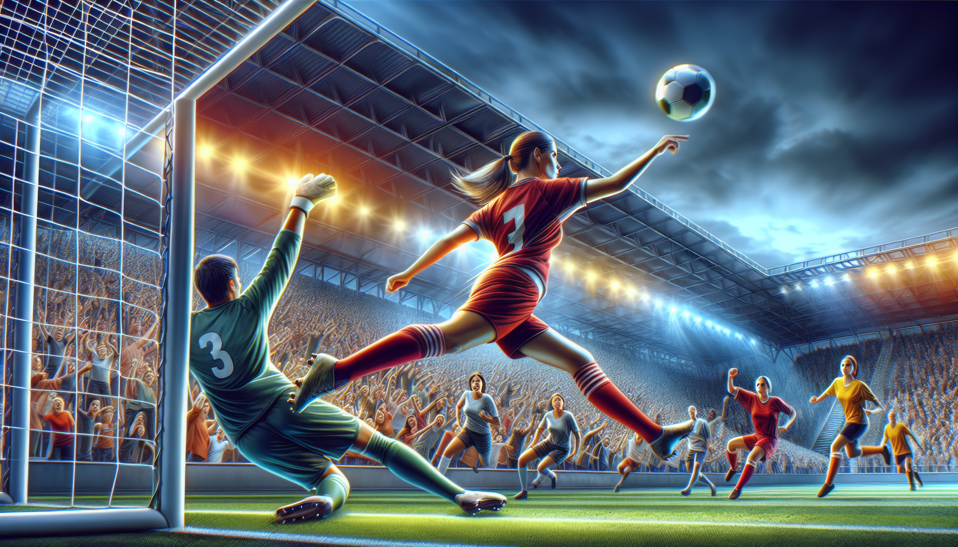 Soccer player scoring a goal in a vibrant HD wallpaper with stadium background