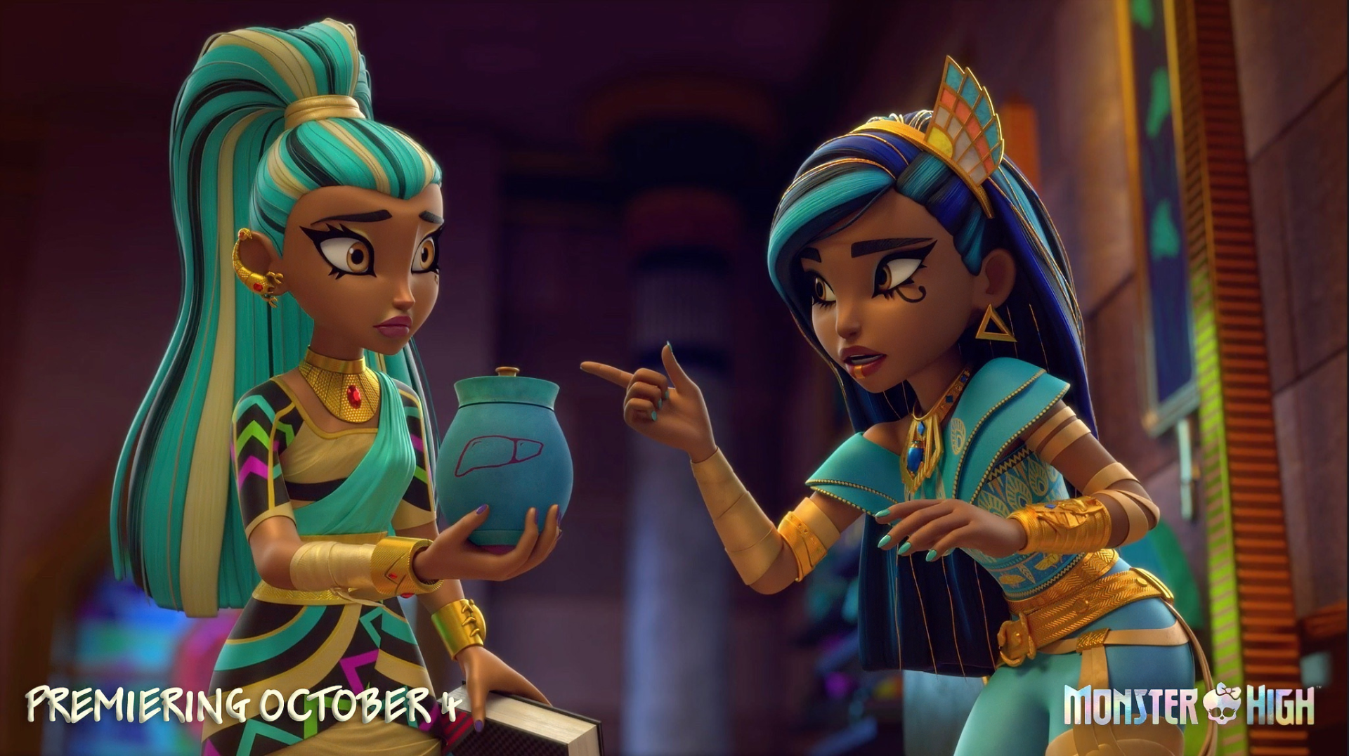 Two Monster High characters engage in a serious conversation, one holding a blue jar while the other gestures emphatically. This vibrant HD wallpaper adds a fun touch to any desktop background.