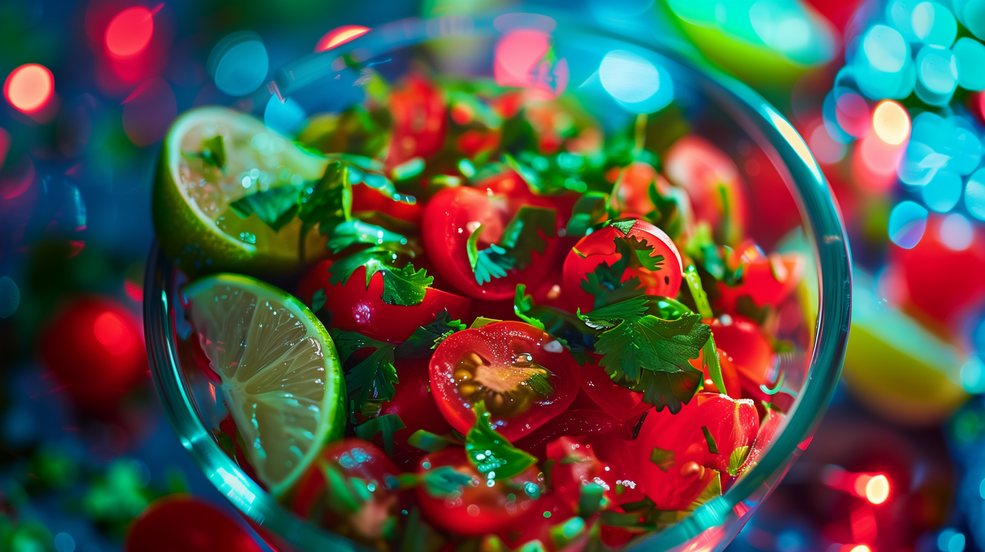A vibrant bowl of fresh salsa, featuring diced tomatoes, cilantro, and lime wedges, set against a colorful, blurred background, creating an inviting food atmosphere.
