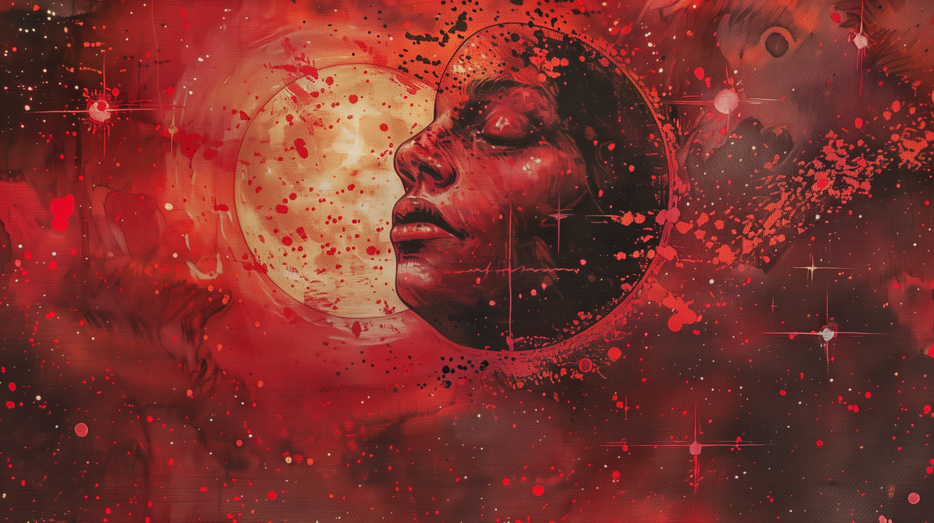 HD desktop wallpaper featuring a red aesthetic with an abstract depiction of a face immersed in a dynamic cosmic environment with splashes of red and hints of celestial bodies.