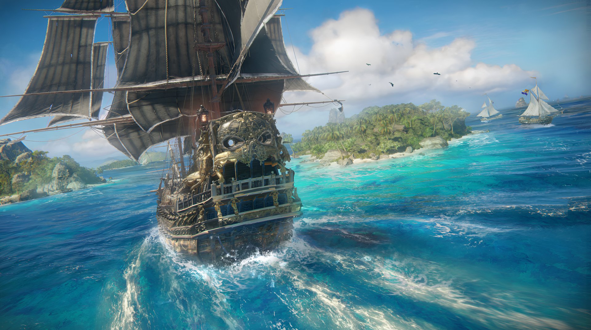 A vibrant HD wallpaper featuring a pirate ship from the video game Skull and Bones, navigating azure waters with lush islands in the background.