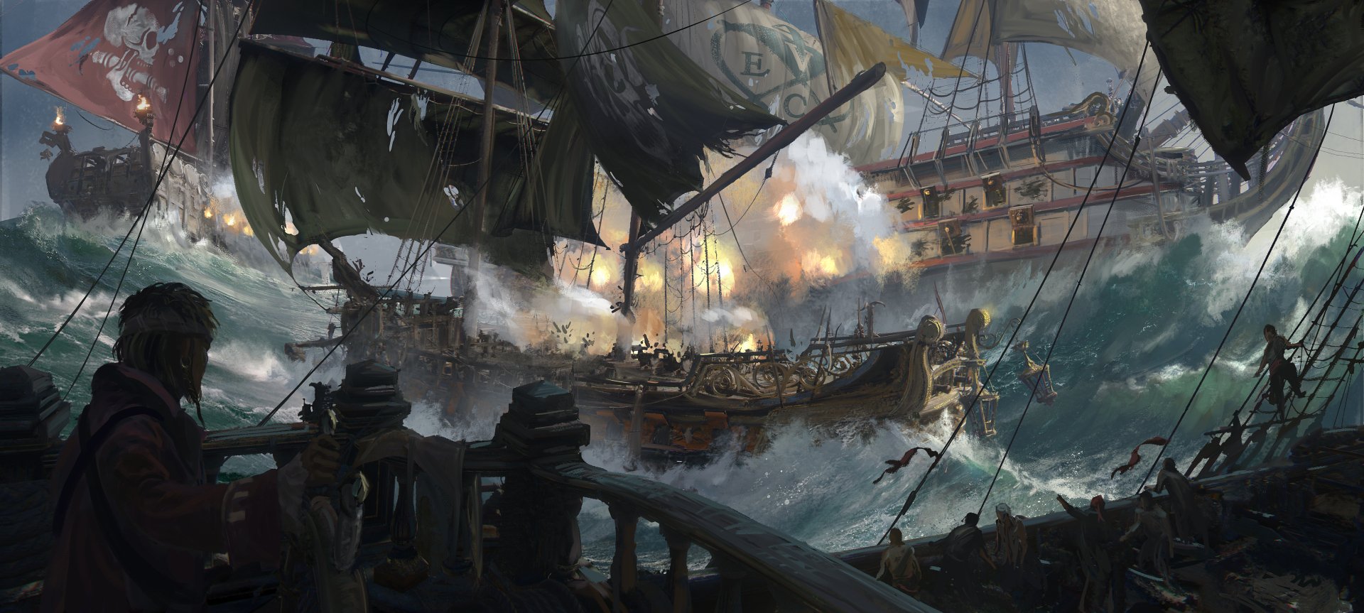 HD desktop wallpaper featuring an intense pirate ship battle from the video game Skull and Bones with vivid explosions and tumultuous ocean waves.