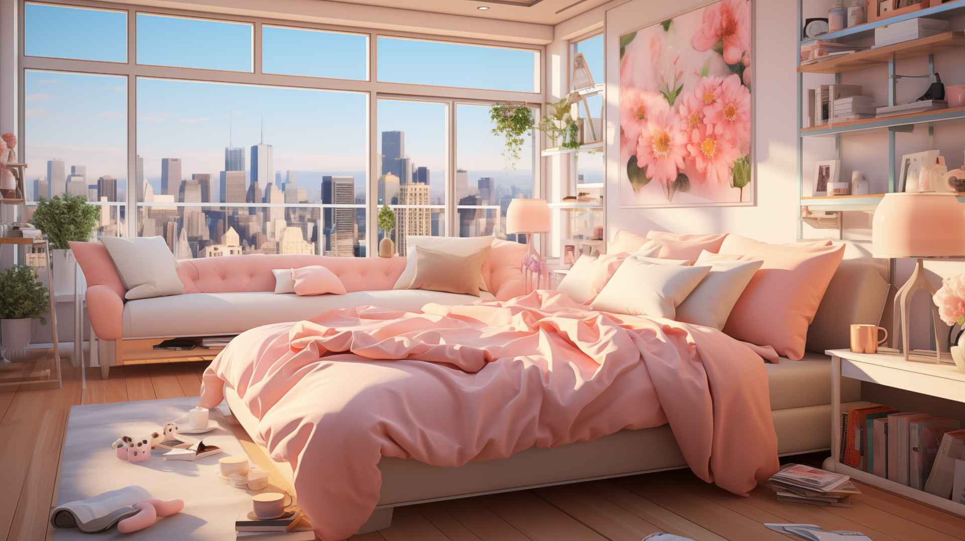 HD wallpaper of a cozy bedroom with a bed adorned in pink bedding, large windows overlooking a cityscape, and soft morning light.