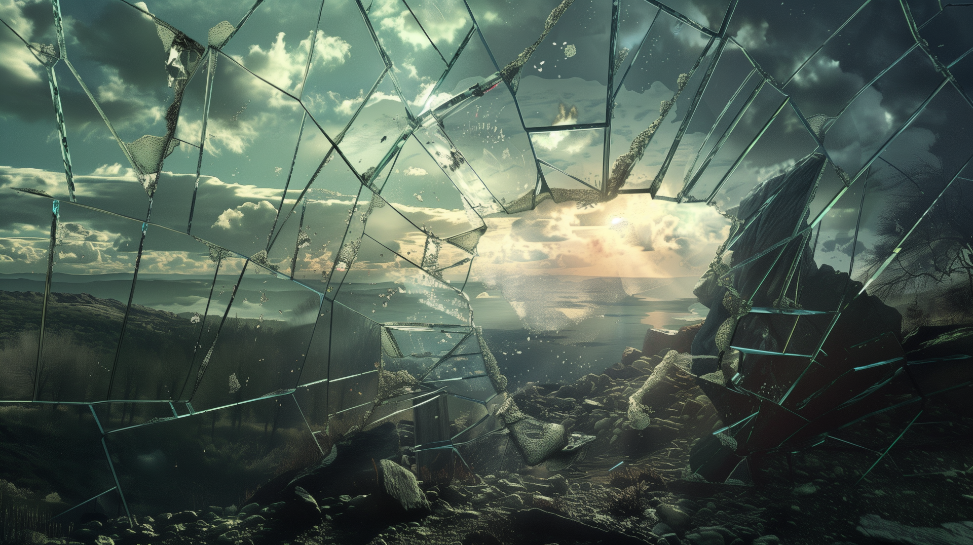 A stunning HD desktop wallpaper featuring a cracked screen effect, revealing a dramatic landscape with clouds and terrain visible through the shattered glass.
