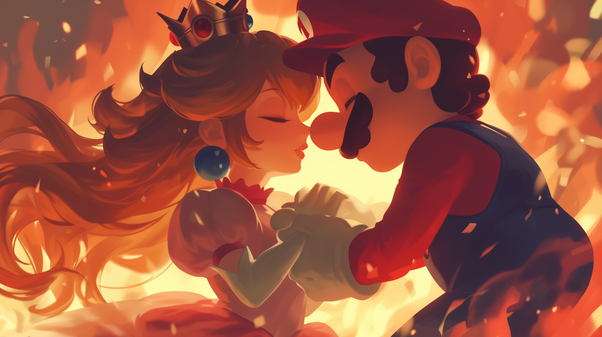 A vibrant HD wallpaper featuring Mario and Princess Peach sharing a heartfelt moment, surrounded by a warm, fiery backdrop that highlights their bond.
