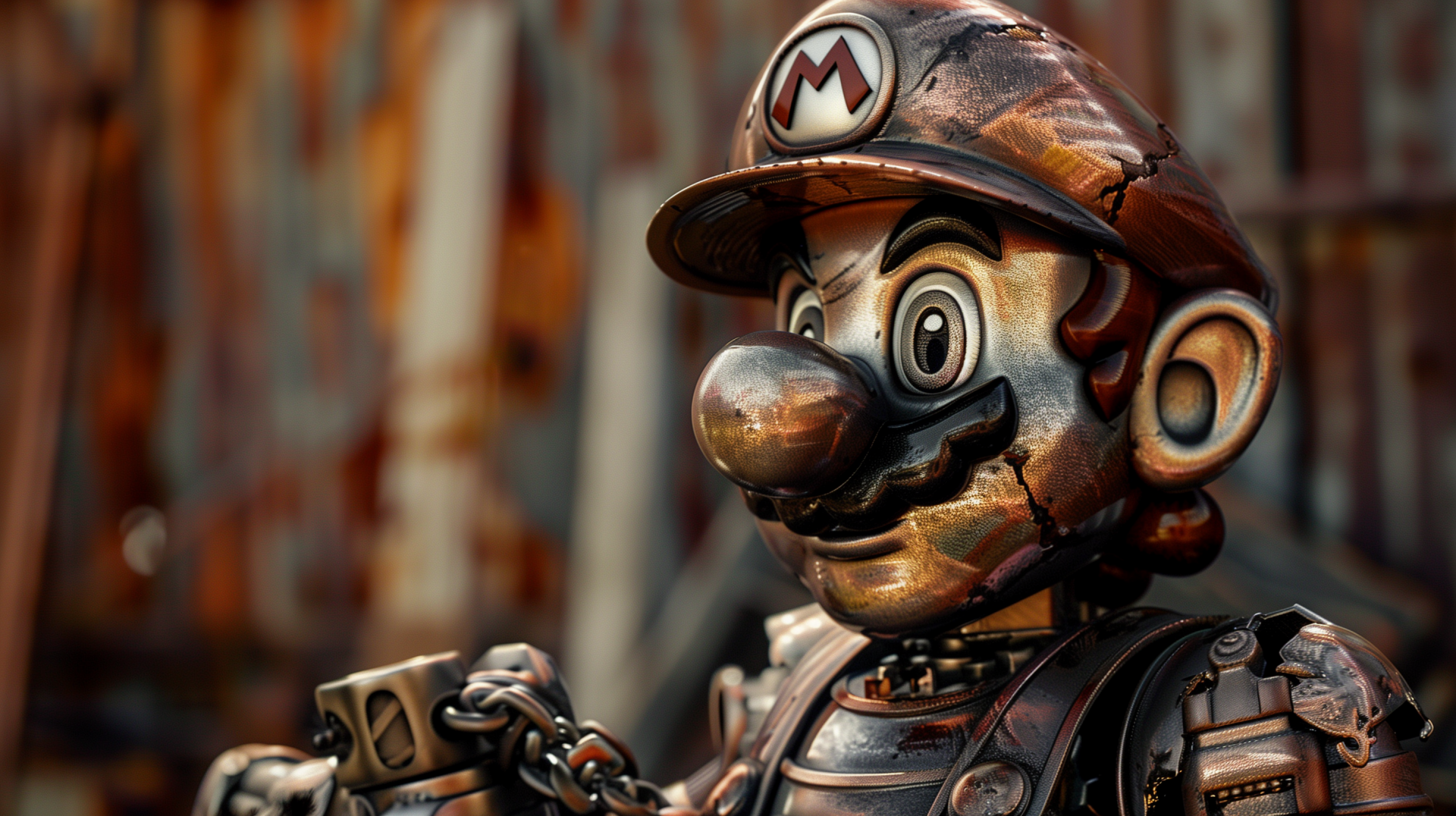 A detailed HD desktop wallpaper featuring Metal Mario, showcasing a metallic version of the iconic video game character with a rusty backdrop.