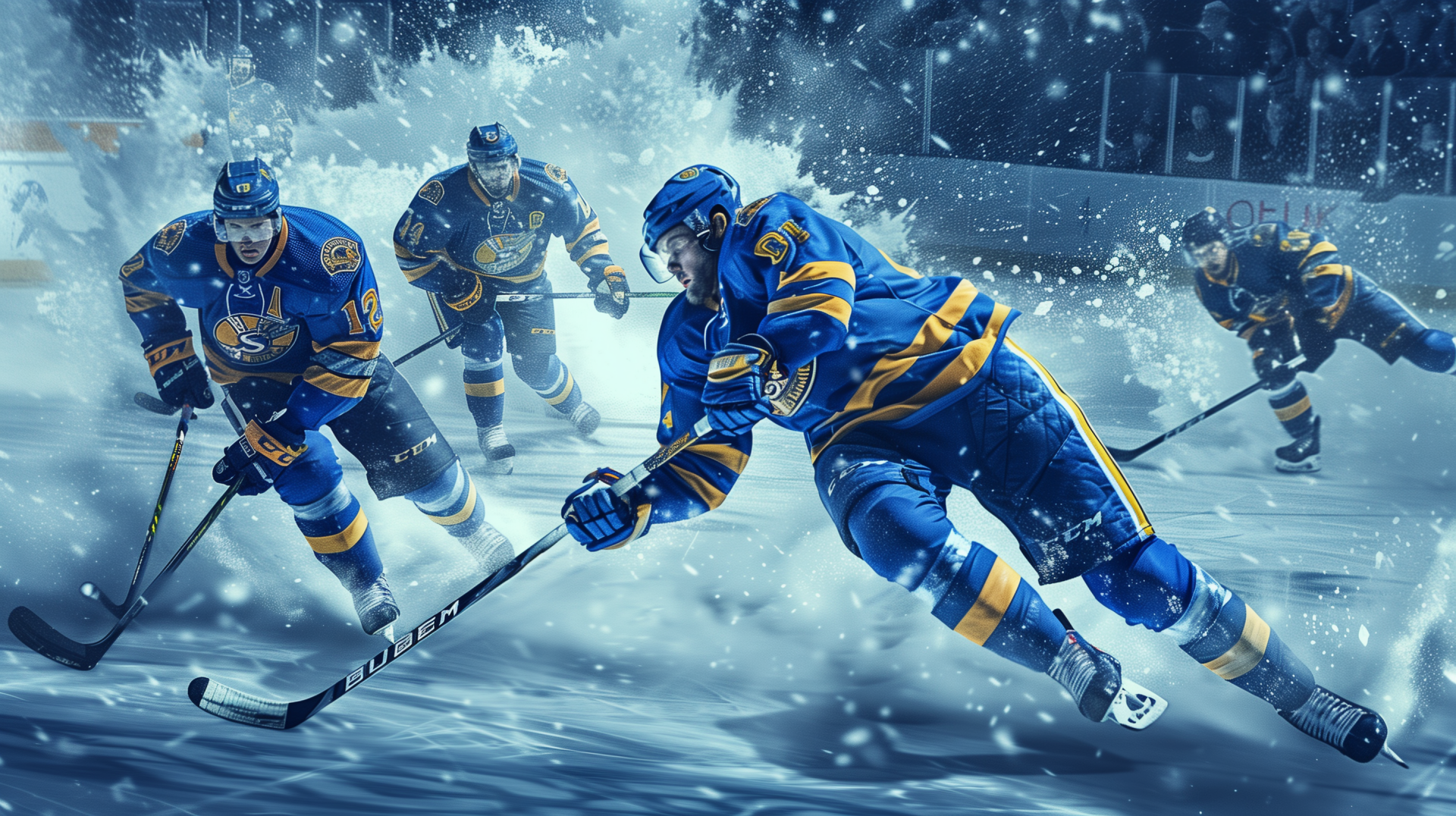 Dynamic ice hockey action featuring players from the St. Louis Blues, captured in a striking HD desktop wallpaper with a snowy backdrop.
