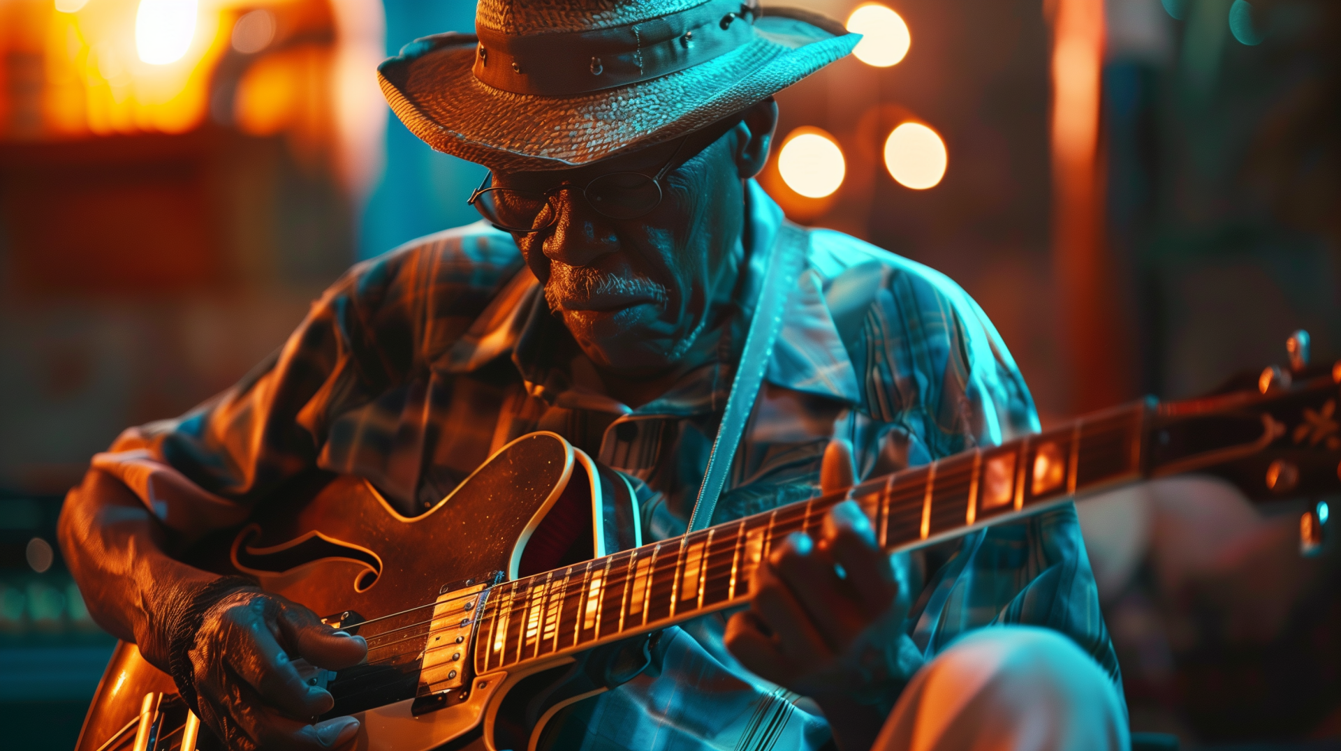 HD wallpaper of a blues musician playing guitar with atmospheric stage lighting in the background.
