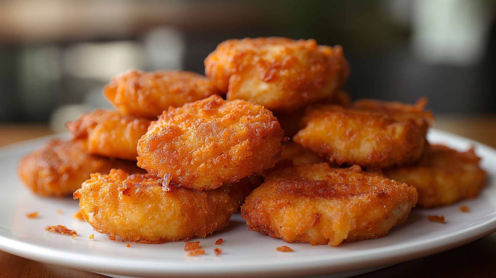 Crispy golden chicken nuggets on a plate HD desktop wallpaper background.