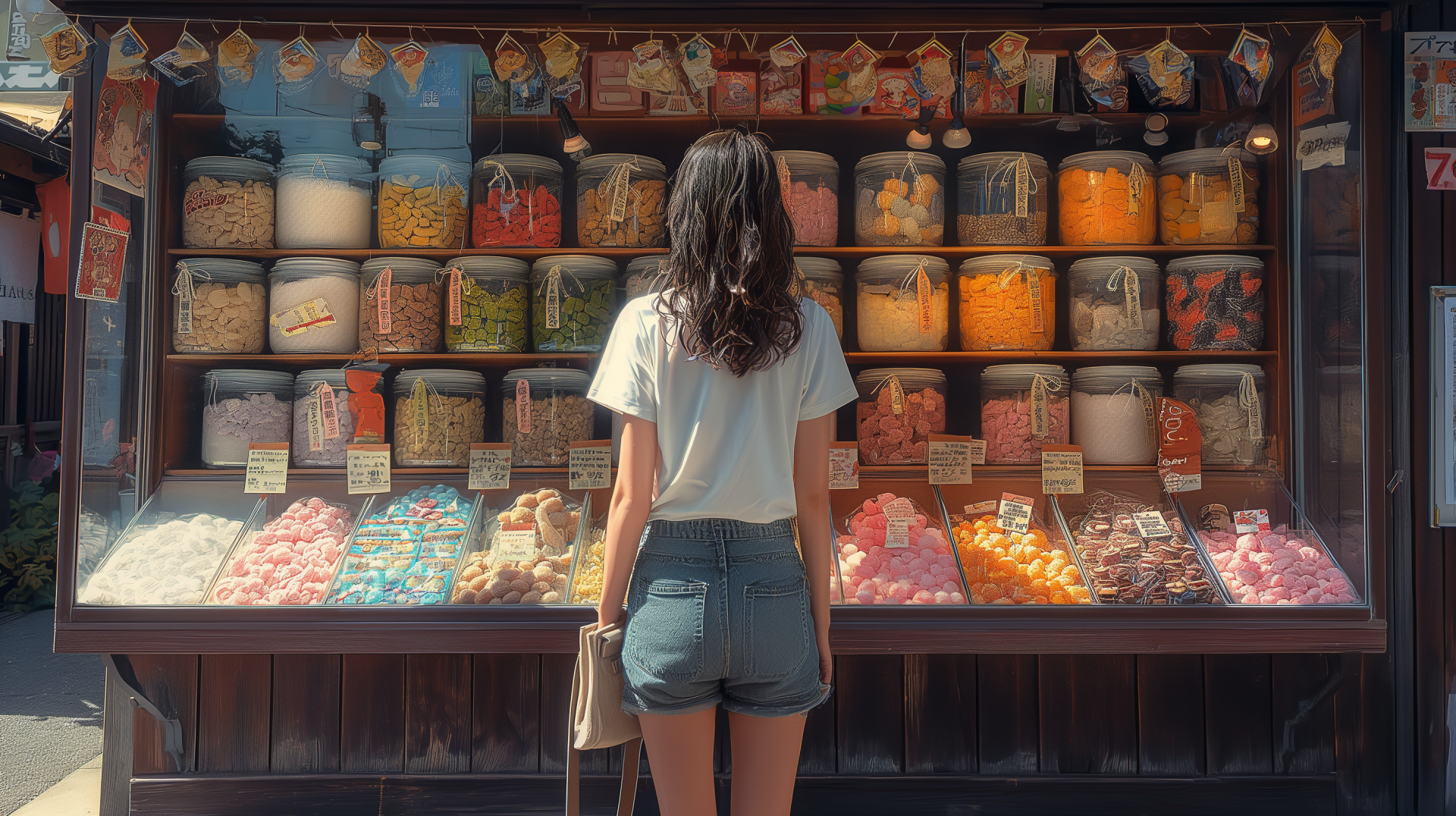 A person stands in front of a colorful candy store, gazing at jars filled with various sweets. This vibrant scene captures the joy of candy shopping, making a delightful HD desktop wallpaper.
