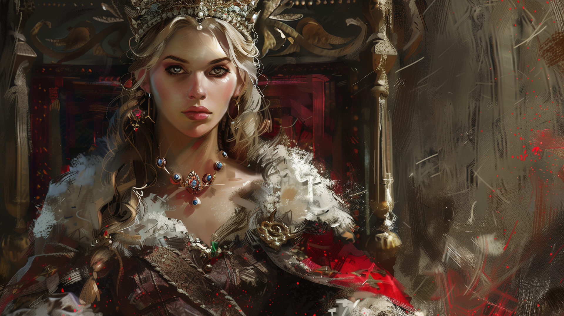 A regal queen sits on her throne, adorned in opulent robes and a striking crown, exuding strength and elegance in this captivating fantasy HD wallpaper.