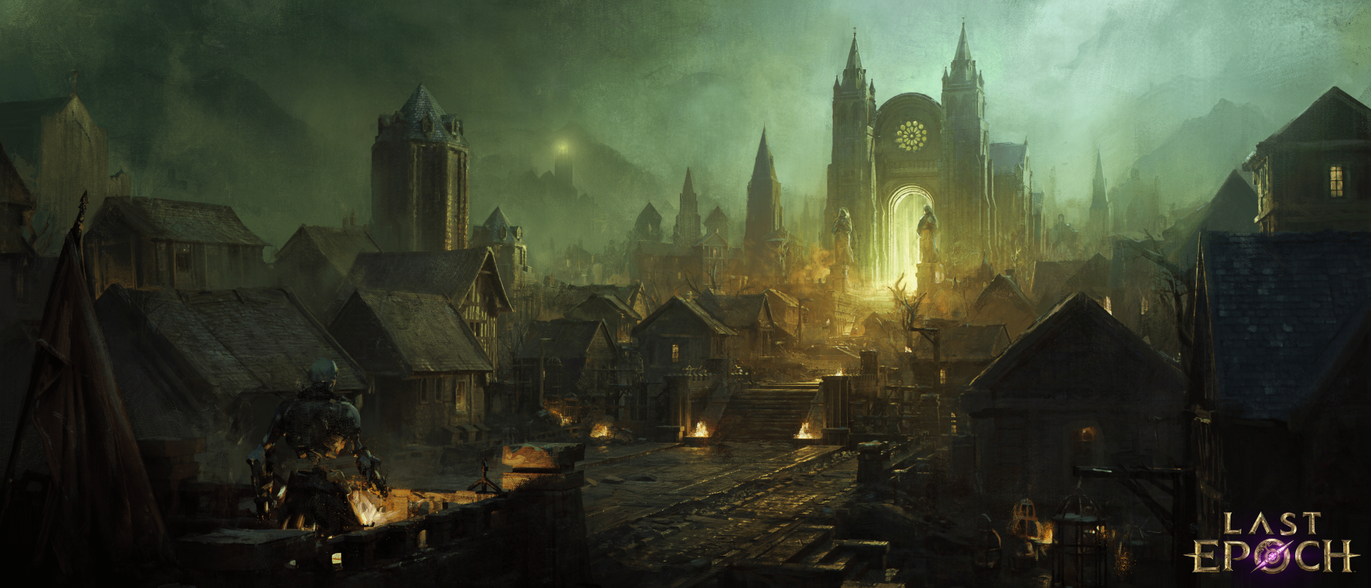 HD desktop wallpaper featuring a mystical medieval cityscape from the video game Last Epoch, with ambient lighting and gothic architecture.