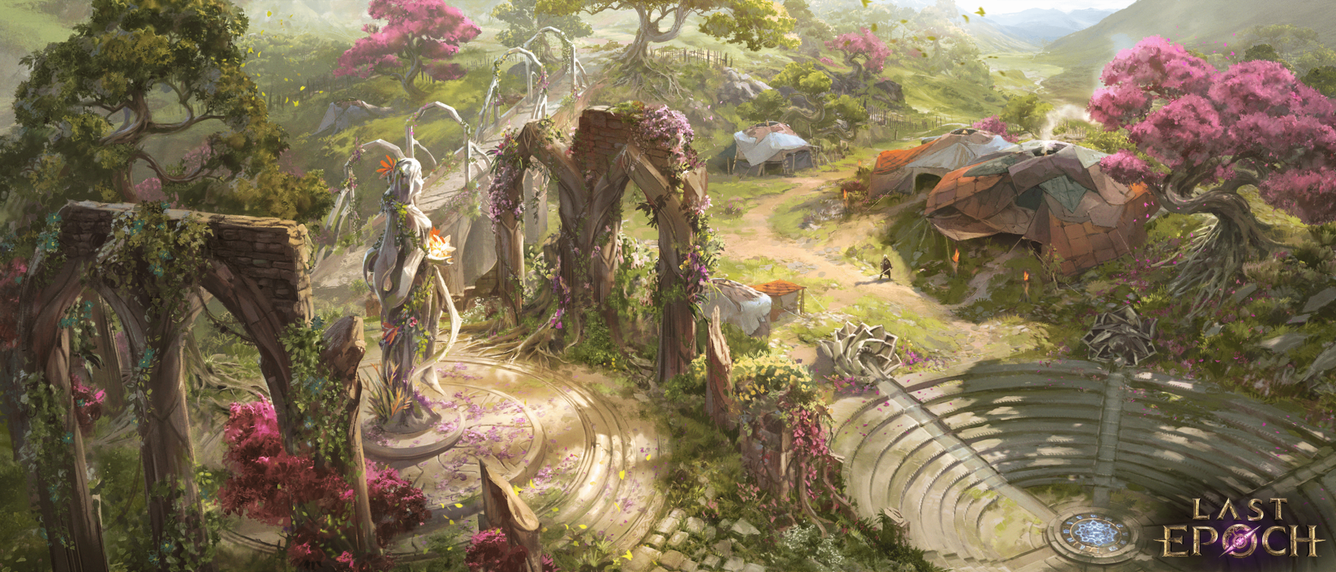 HD desktop wallpaper featuring a scenic view from the game Last Epoch, with ancient ruins and vibrant flora.