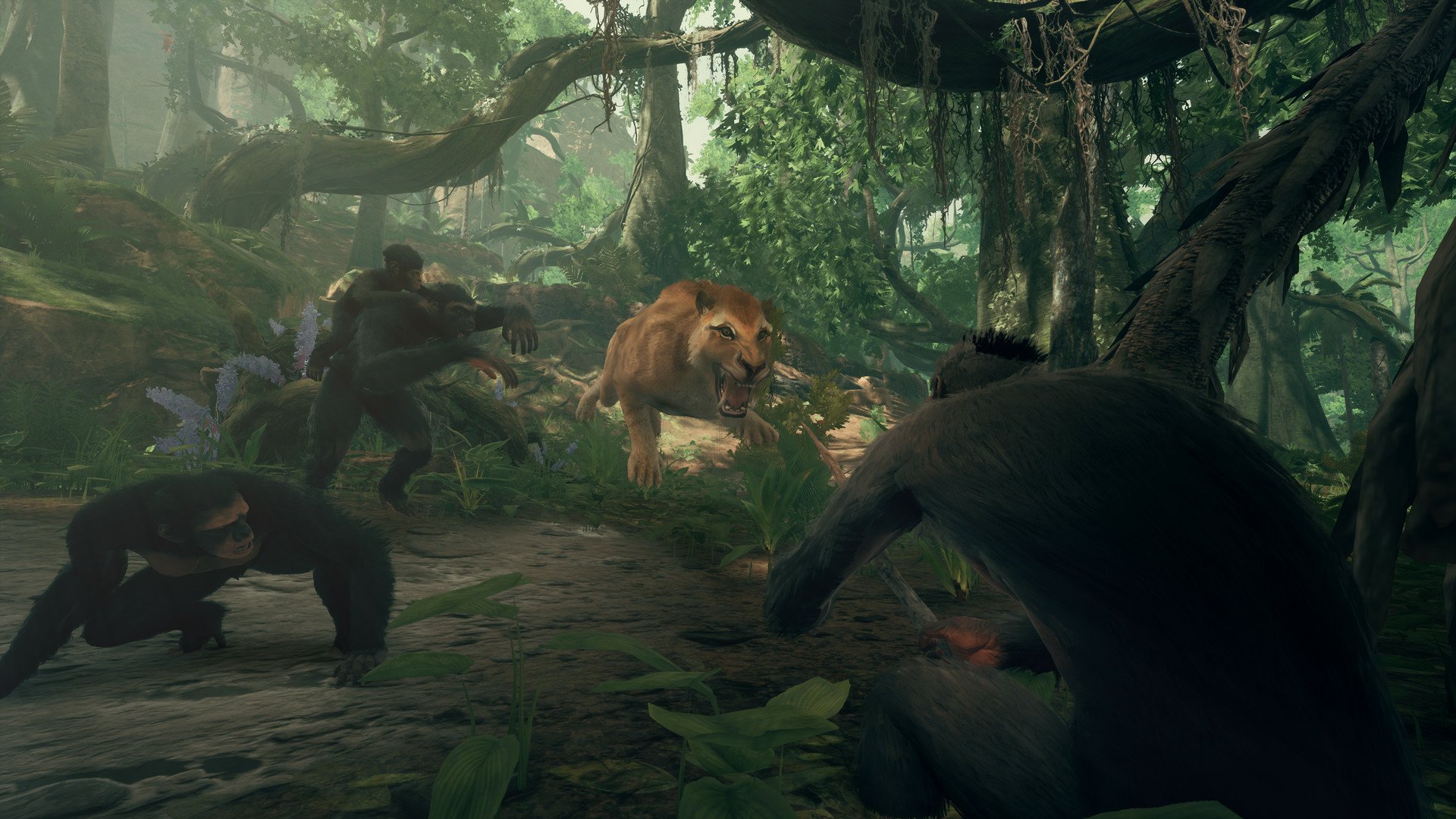 Ancestors: The Humankind Odyssey video game scene with primates and a saber-toothed tiger in a lush forest for HD desktop wallpaper.