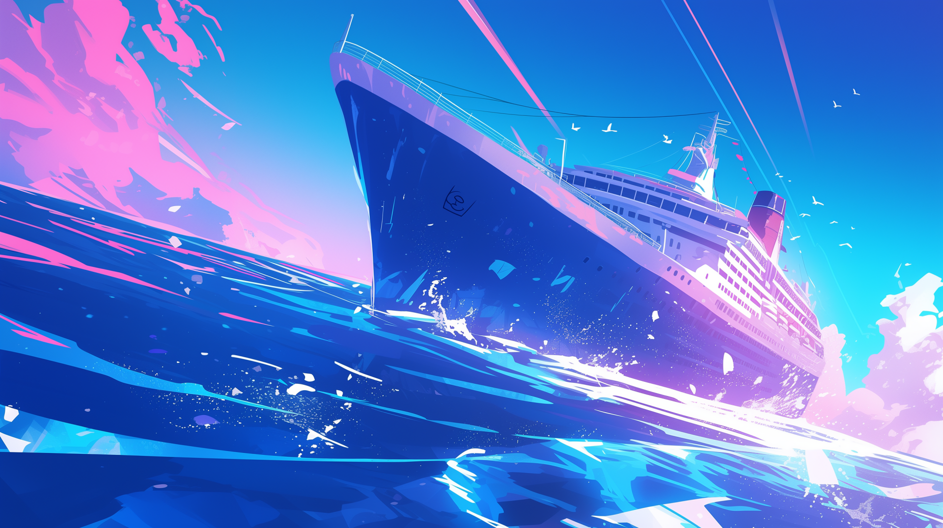 HD wallpaper of a vibrant artistic rendering of a cruise ship sailing on a dynamic blue sea with a pink and blue sunset sky in the background.