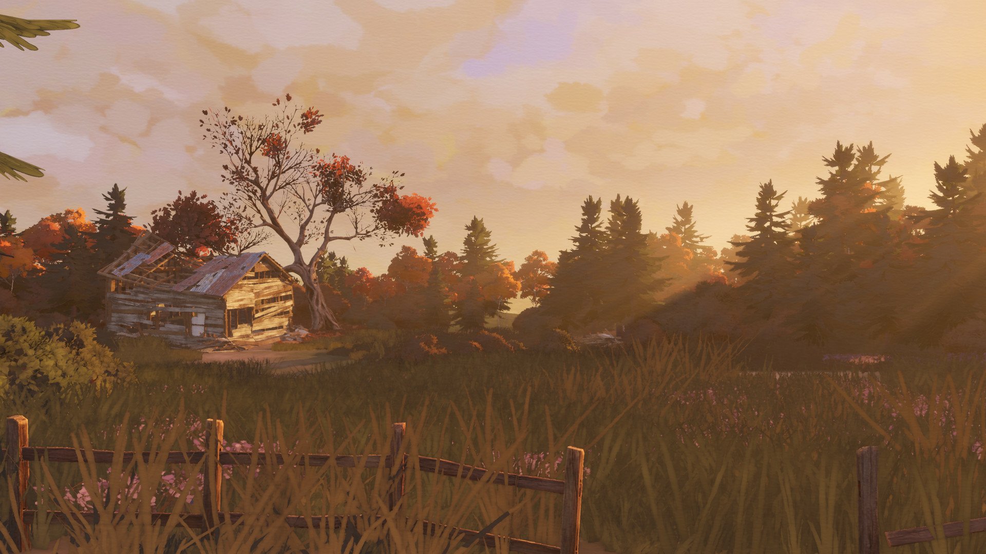 HD desktop wallpaper featuring a scenic sunset view from the video game Open Roads, showcasing lush greenery and a rustic house.