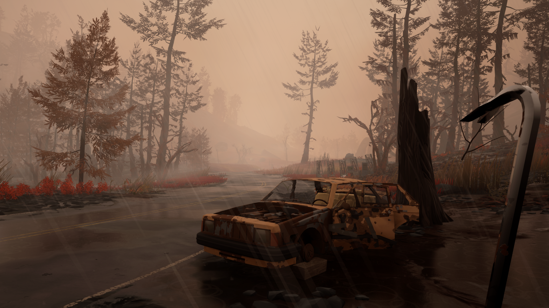 HD wallpaper of Pacific Drive video game showcasing an atmospheric scene with an abandoned car on a misty forest road.