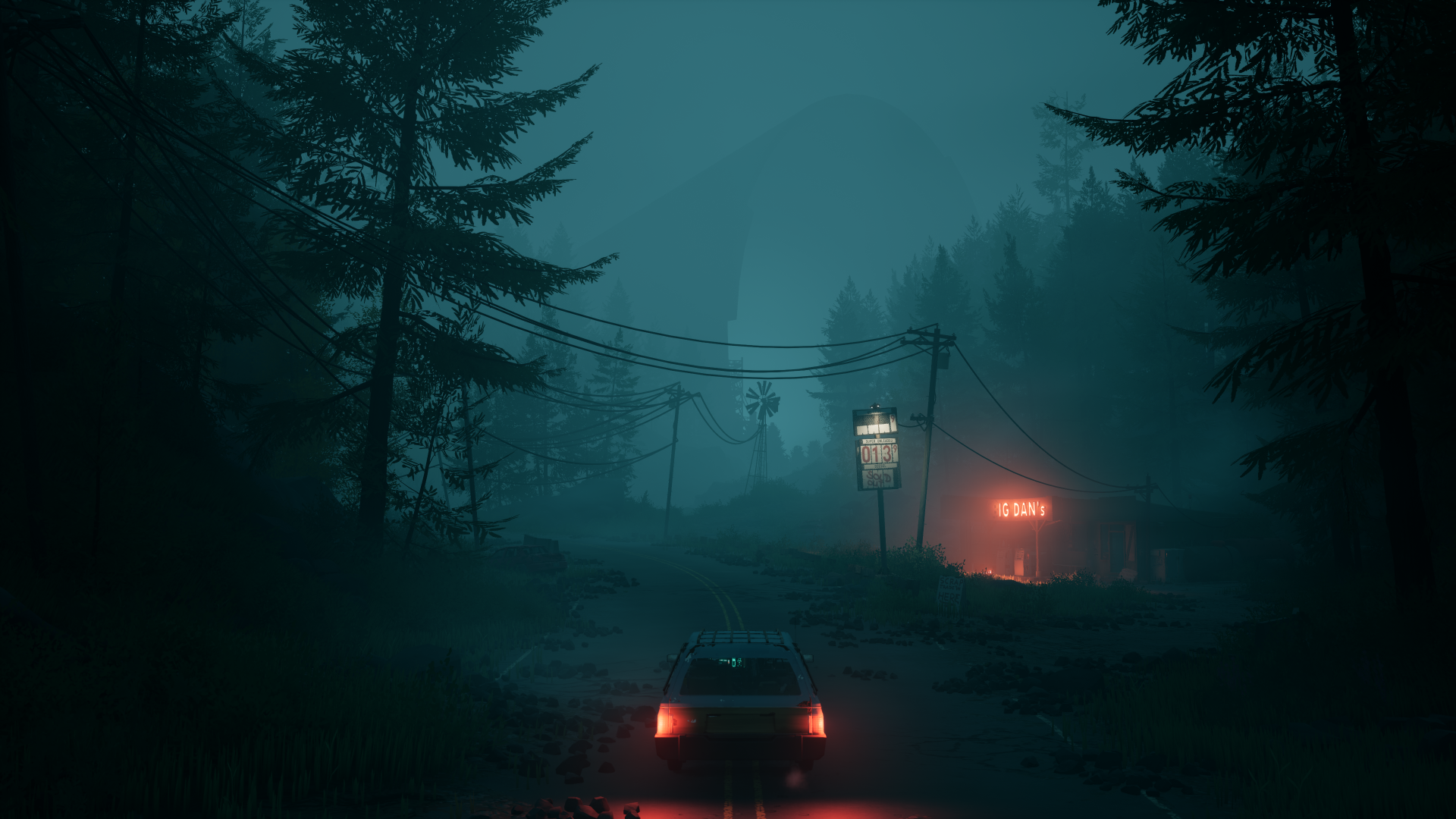 HD desktop wallpaper featuring a scene from the video game Pacific Drive with a car on a foggy road surrounded by trees.