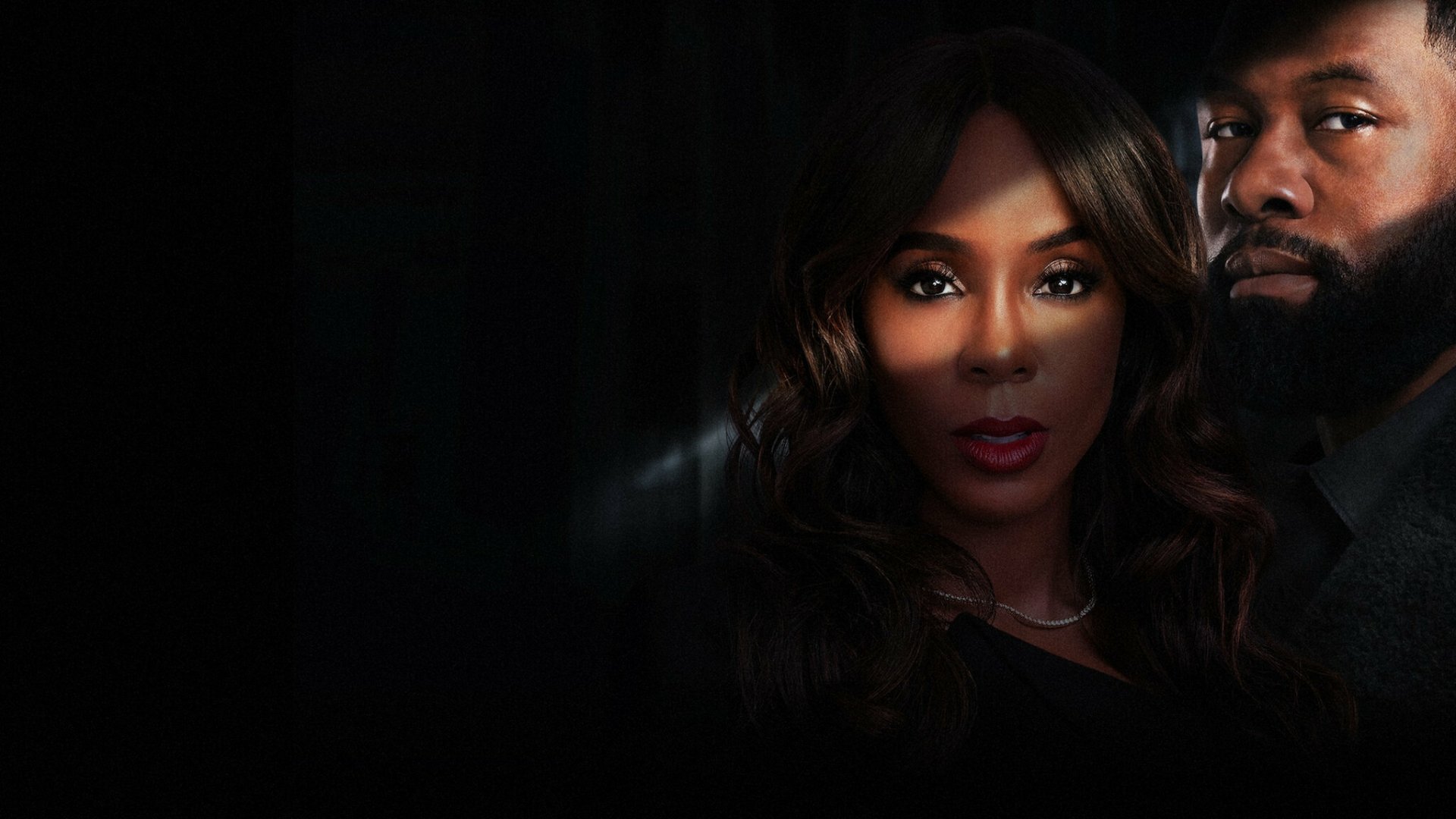 HD desktop wallpaper featuring a woman and a man from the movie 'Mea Culpa' set against a dark, mysterious background.