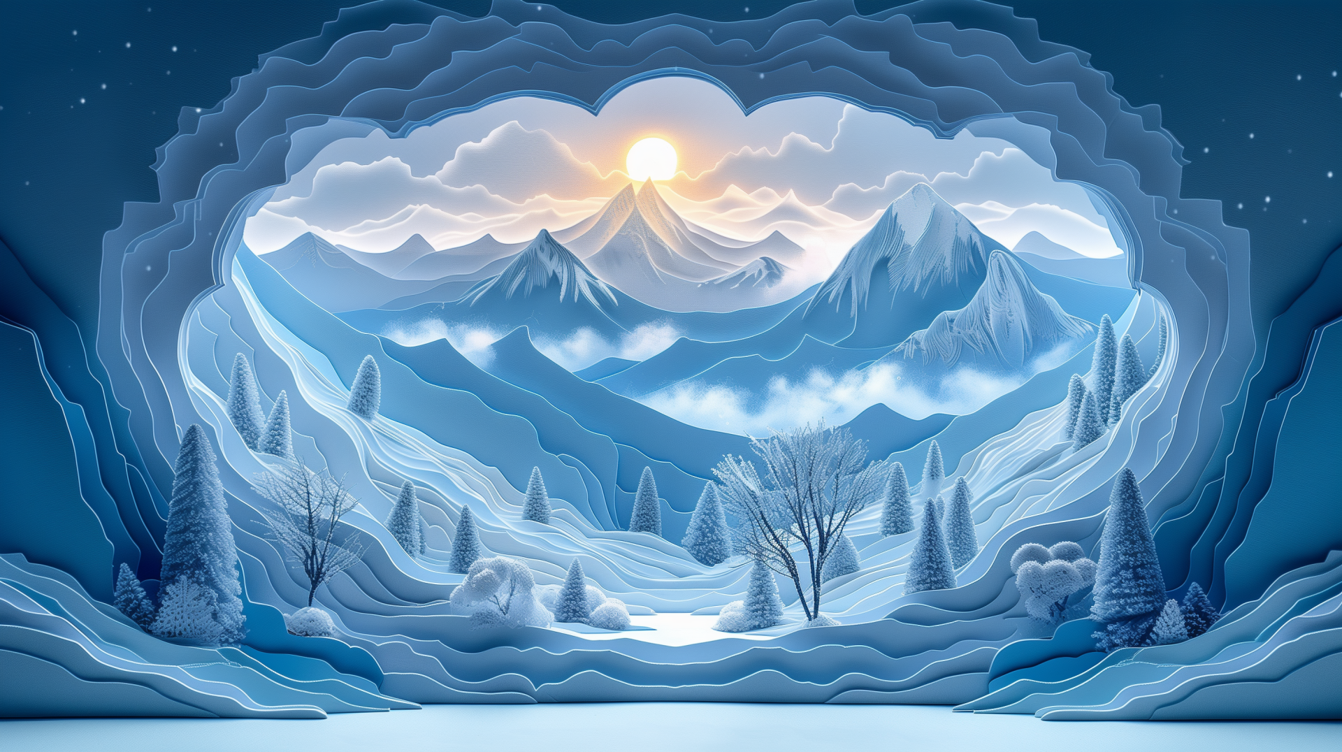 Stunning HD winter landscape wallpaper with a view from inside an ice cave towards snow-covered mountains under a sunrise sky.