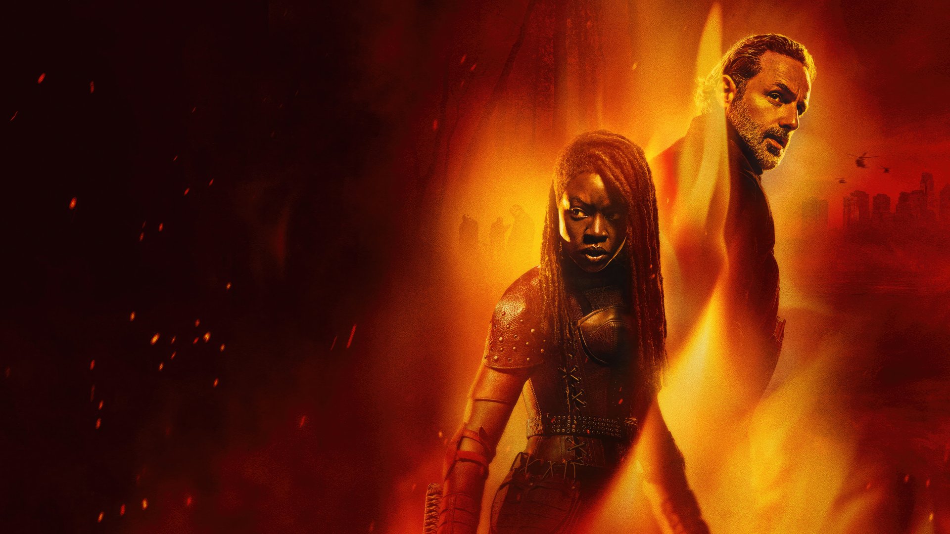HD wallpaper featuring characters from The Walking Dead: The Ones Who Live amidst a fiery backdrop.