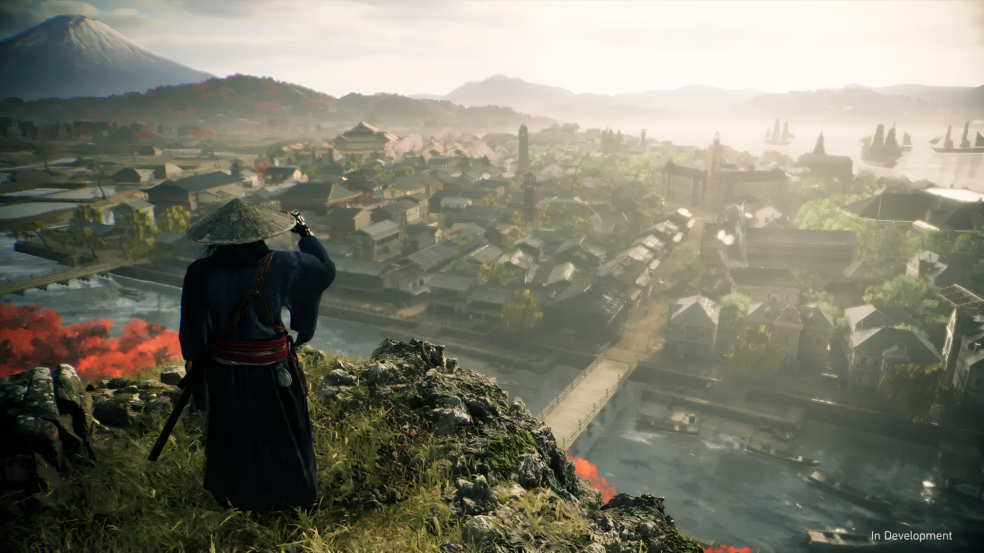 HD wallpaper of Rise of the Rōnin video game, featuring a samurai overlooking a historical Japanese village.