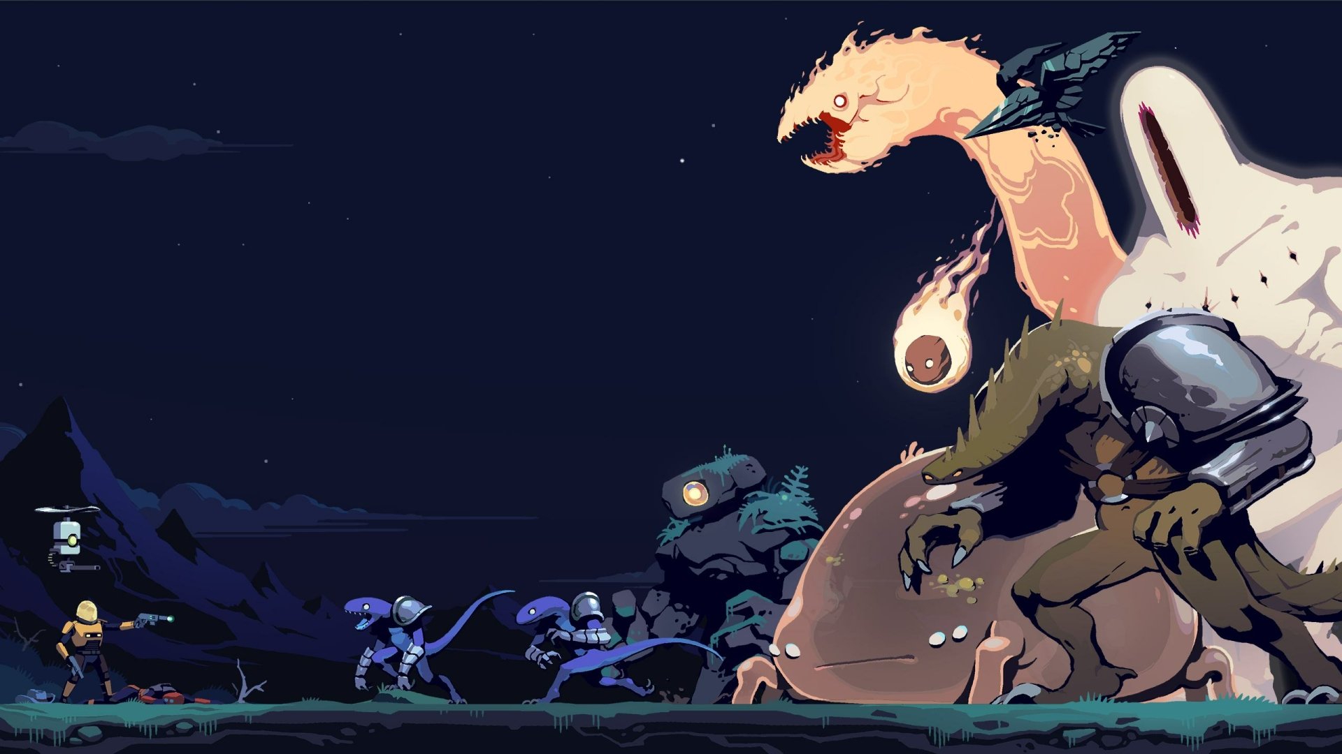 A dynamic HD wallpaper from *Risk of Rain 2*, featuring fierce monsters and heroic characters clashing in a vibrant, otherworldly landscape.